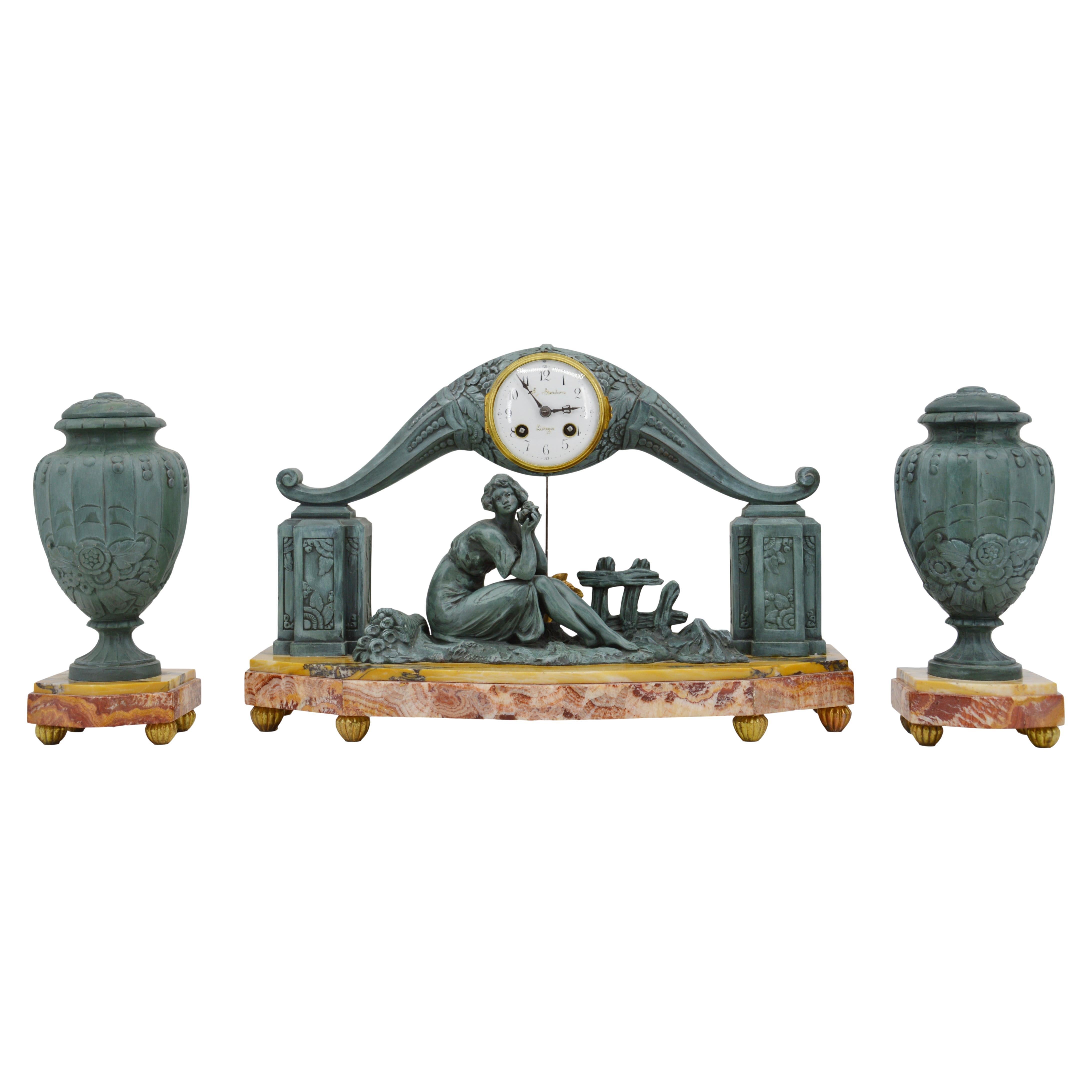 French Art Deco Mantel Clock Set by Limousin, Spelter 
Marble For Sale
