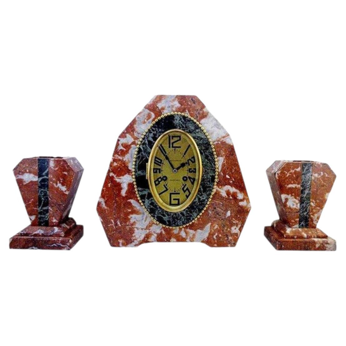 French Art Deco Mantel Clock Set, Marble & Brass, 1925 Sue & Mare