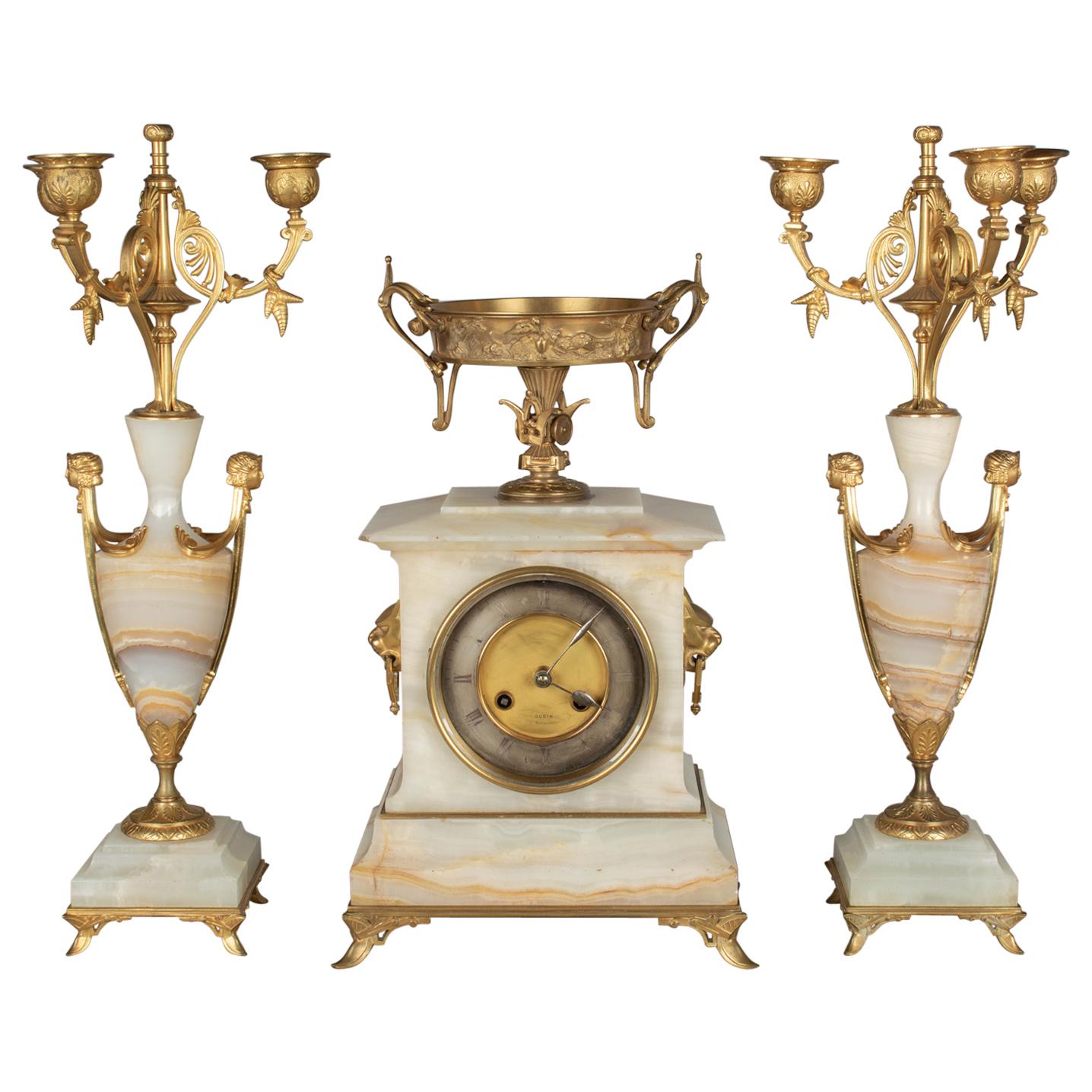 French Art Deco Mantel Clock and Candelabras