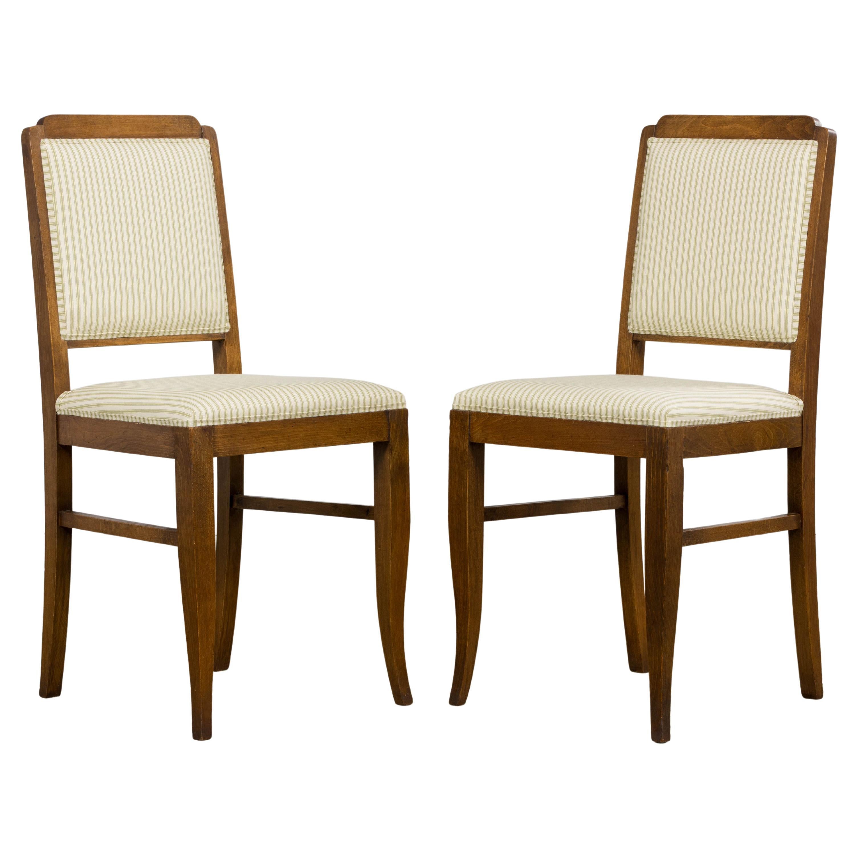 French Art Deco Maple Accent Side Chairs with Sage Green Stripe – A Pair