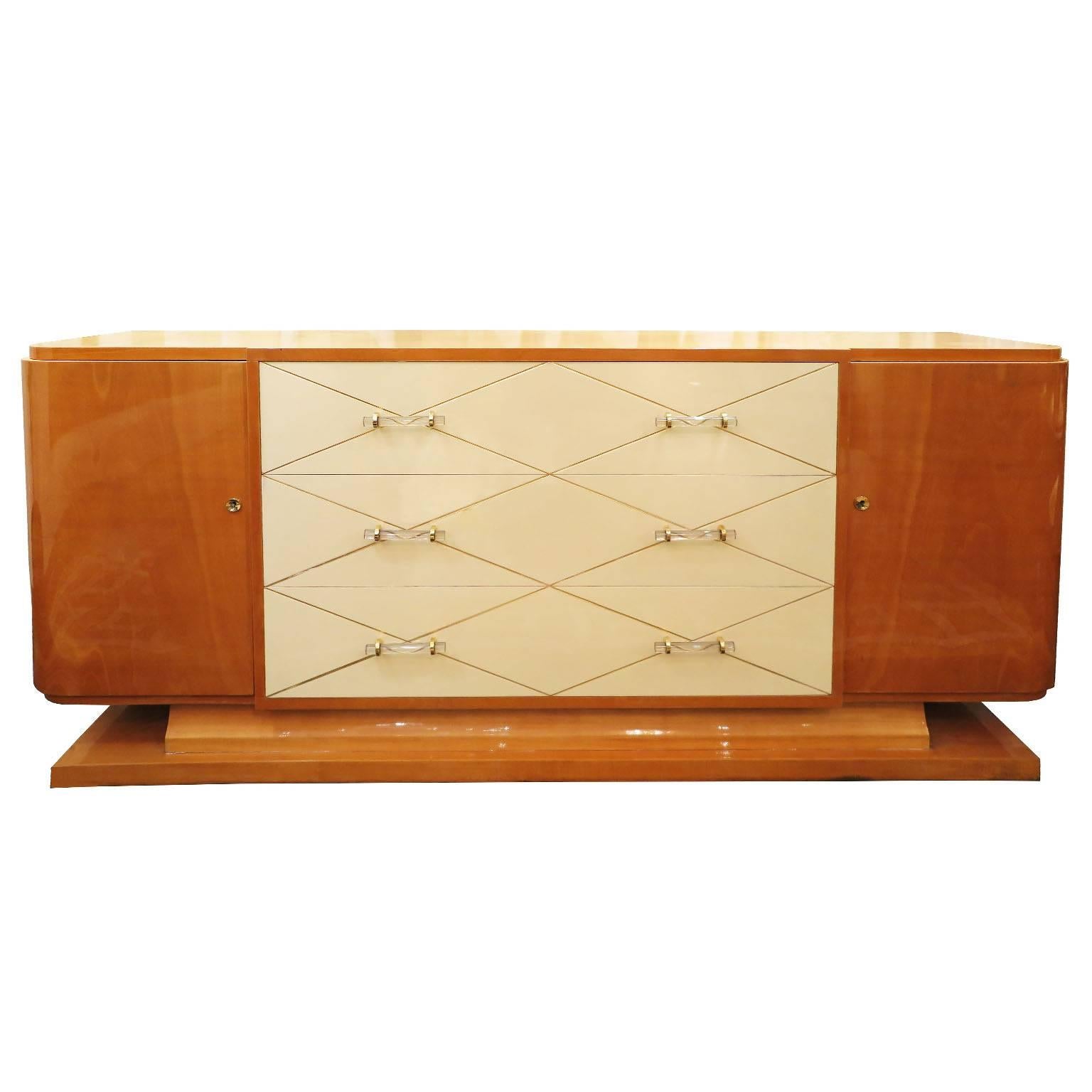 French Art Deco Maple and Lacquer Sideboard with Lucite Pulls
