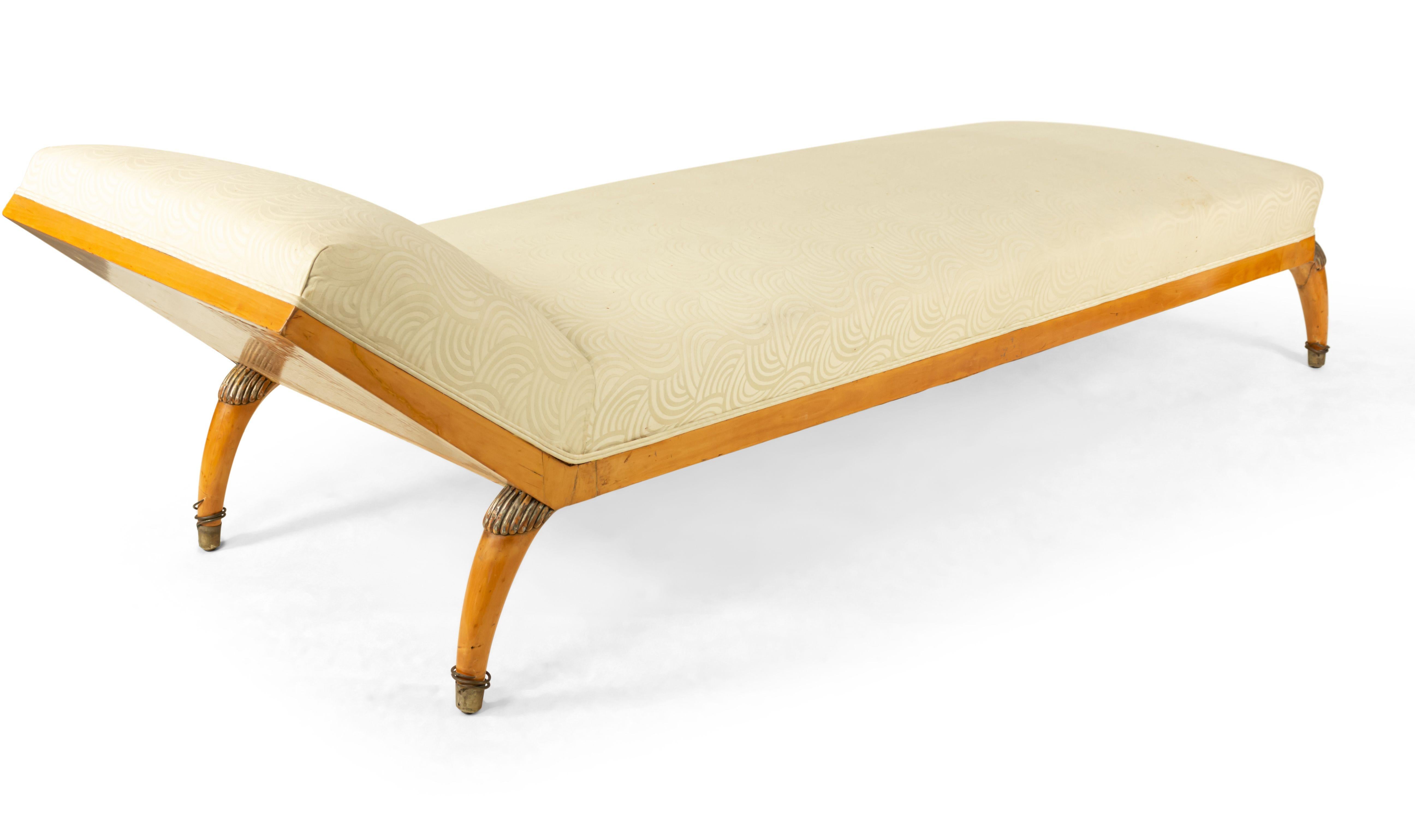French Art Deco maple recamier with fluted silver gilt trim and beige circle upholstery

