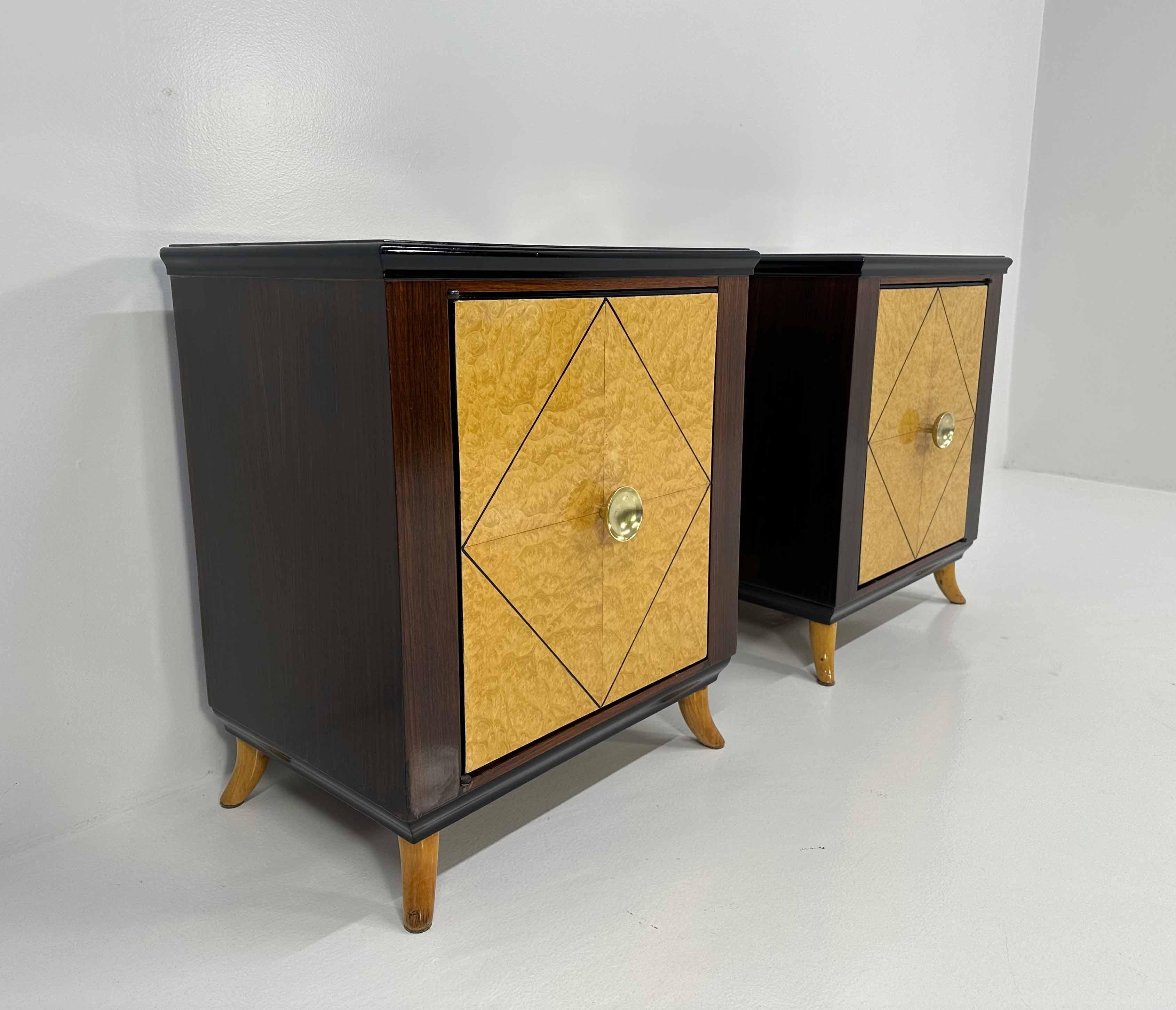 Brass French Art Deco Maple Briar, Maple and Macassar Nightstands, 1940s  For Sale