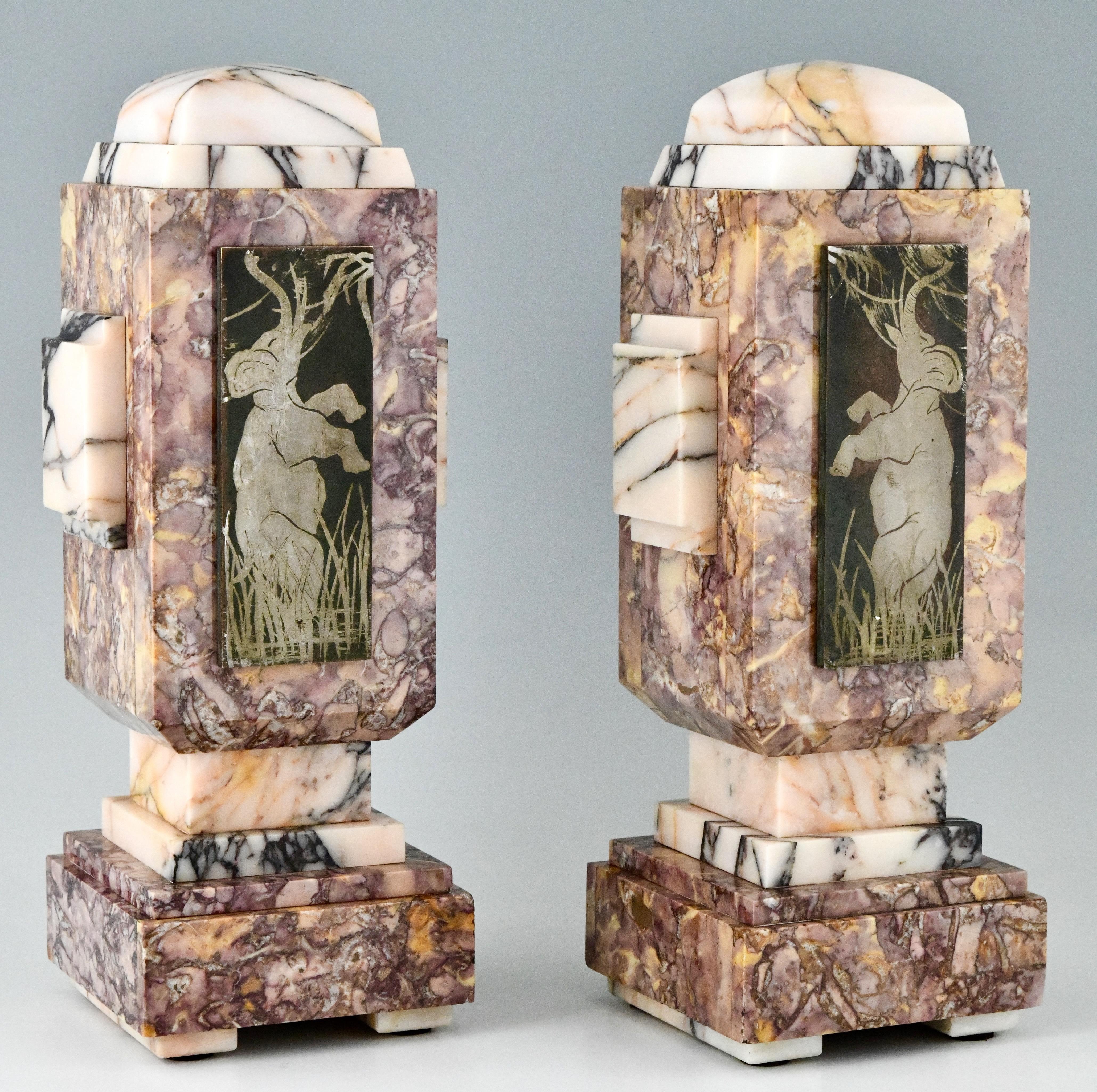 French Art Deco Marble and Bronze Cassoulet Vases with Elephants, Ca. 1925 1