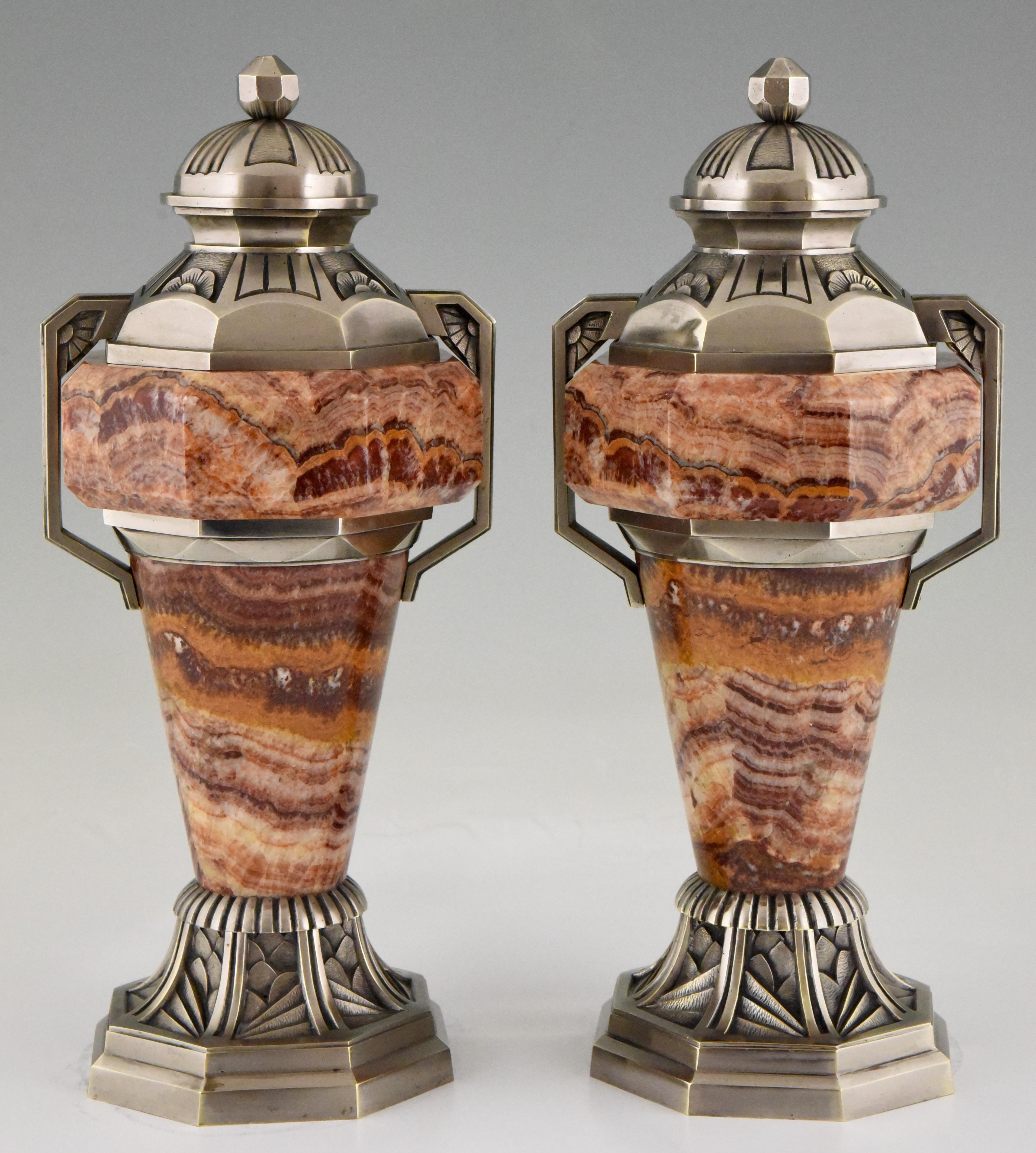 French Art Deco Marble and Bronze Urns, 1925, France 1