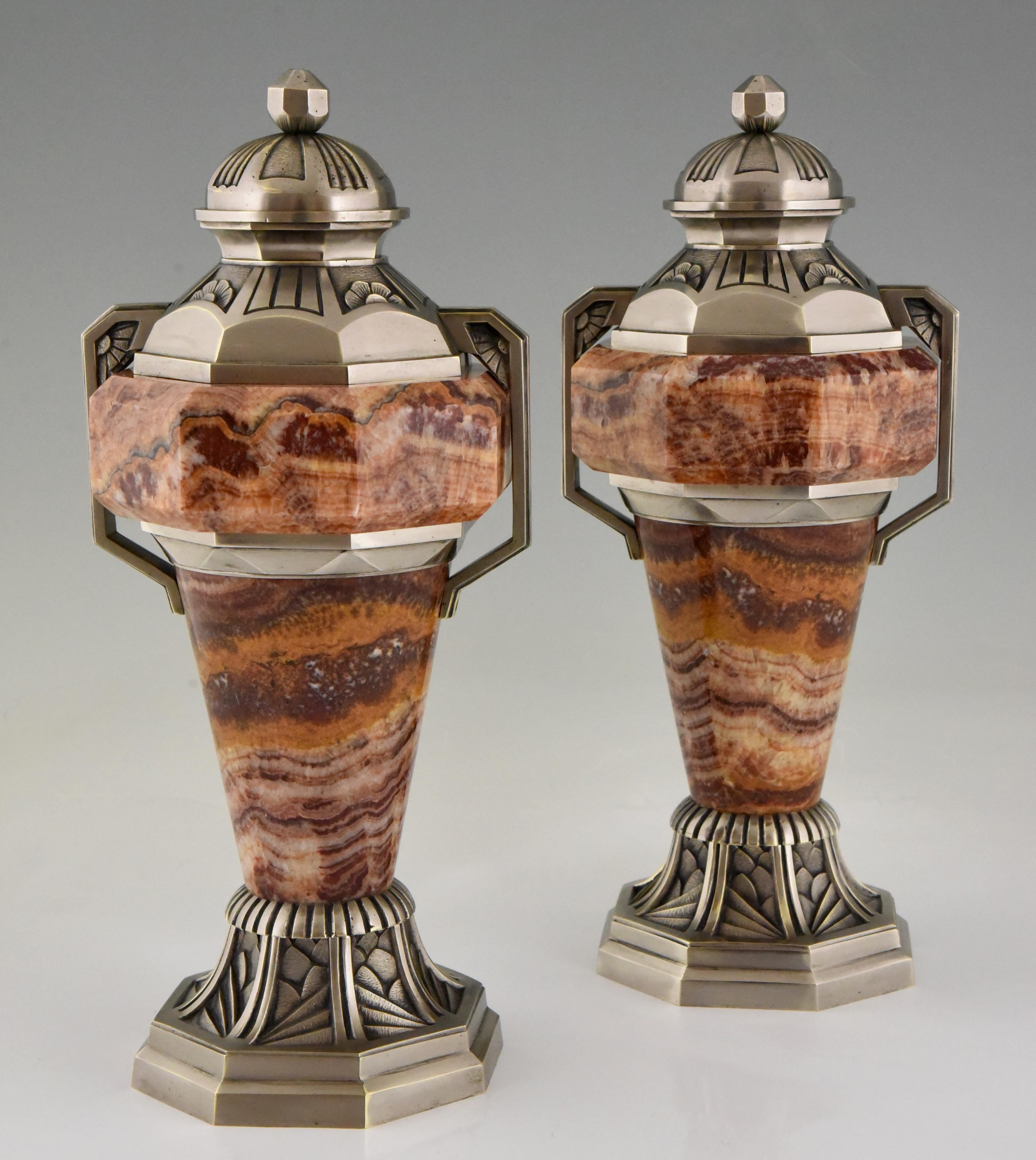 French Art Deco Marble and Bronze Urns, 1925, France 5