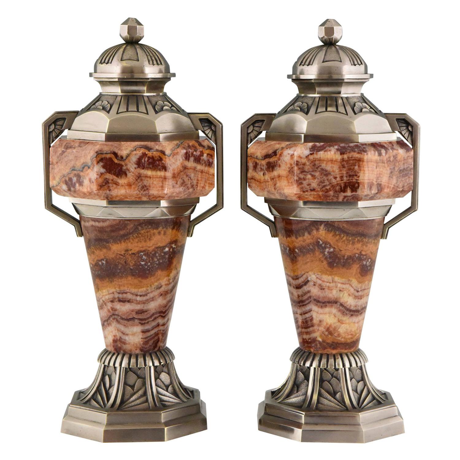 French Art Deco Marble and Bronze Urns, 1925, France