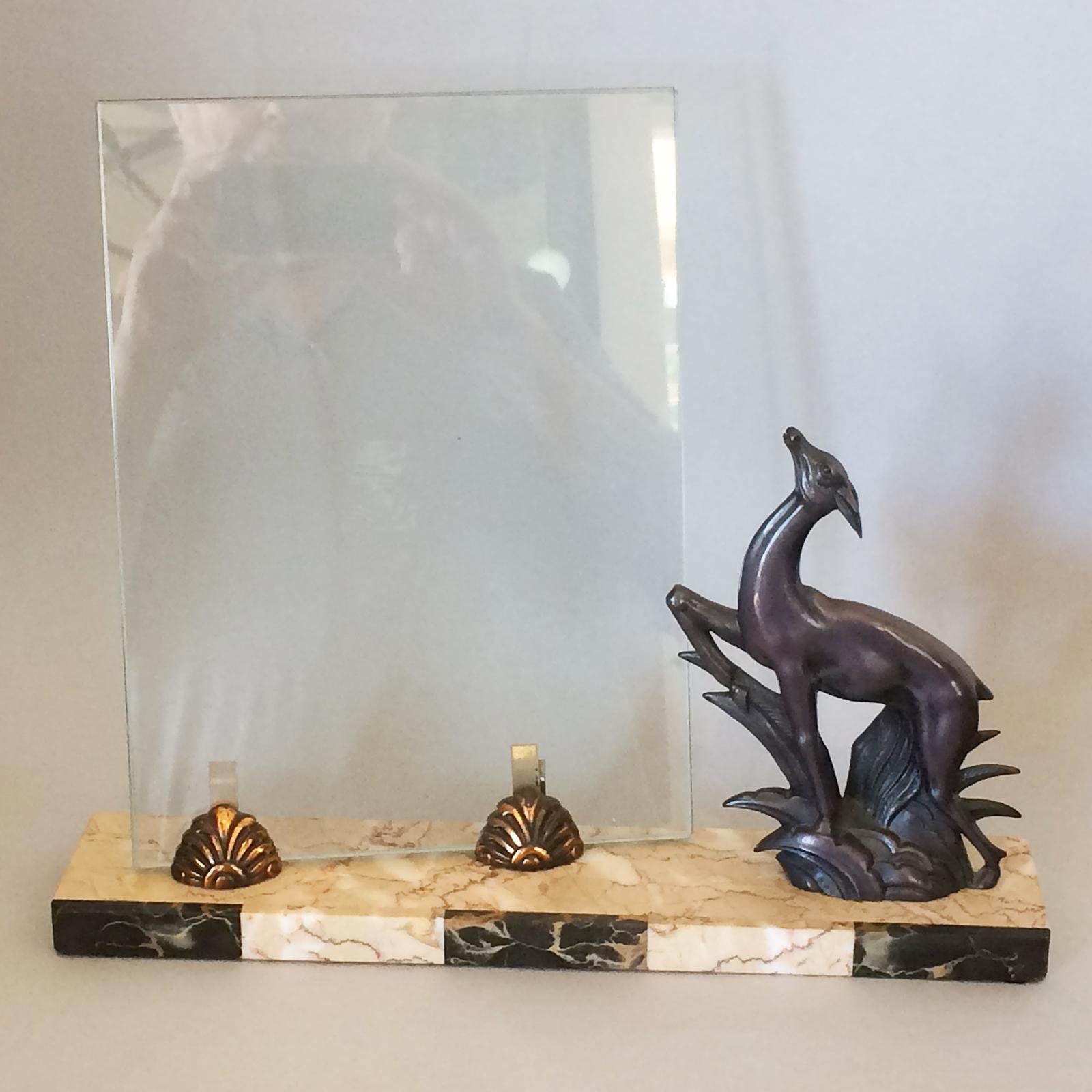 Art Deco photo frame of gazelle and flora, bronzed (or Japanned finish) on marble and alabaster decoration to front of base with bronzed glass support in same finish. The central 2 glass supports are finished the same as the gazelle, and the glass