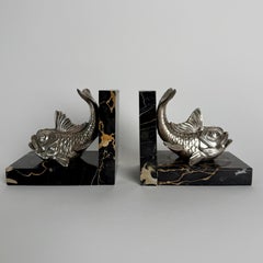 French Art Deco Marble and Silver Plate Fish Bookends, 1920s–1930s