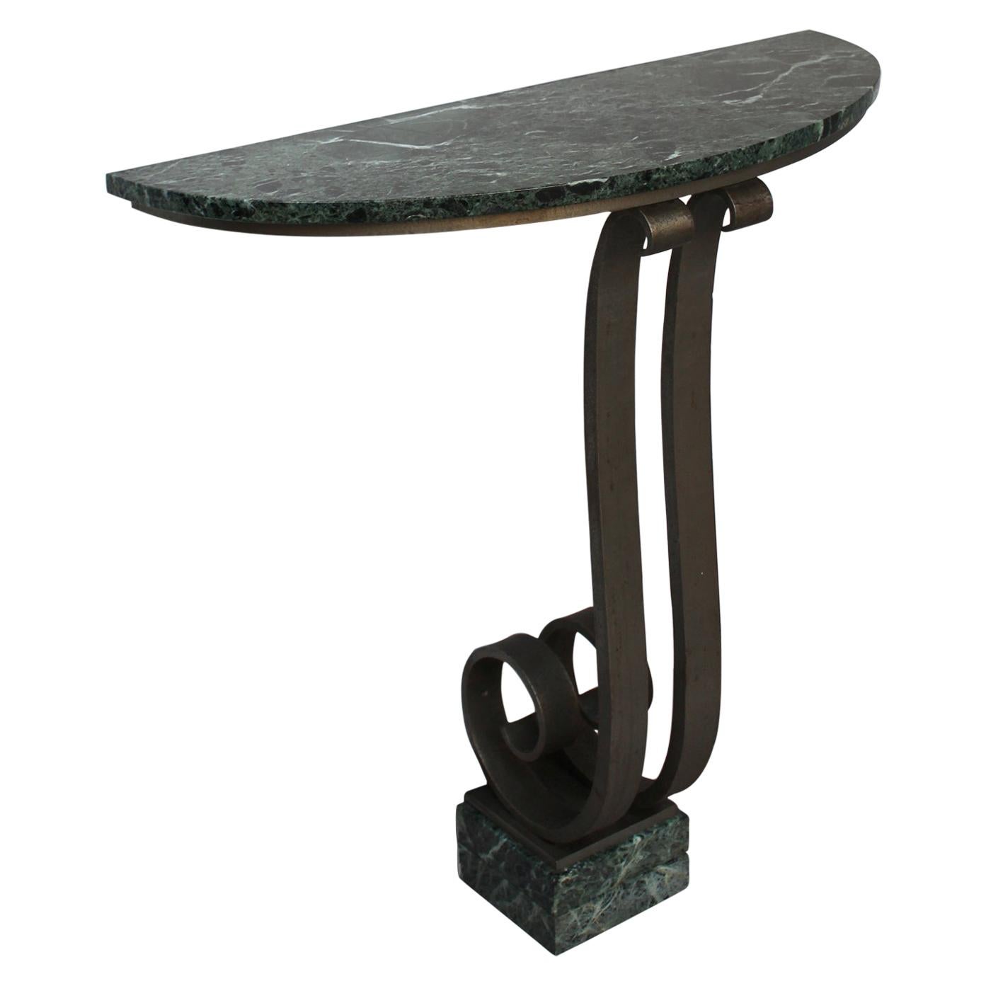French Art Deco Marble Console with a Hammered Wrought Iron Pedestal For Sale