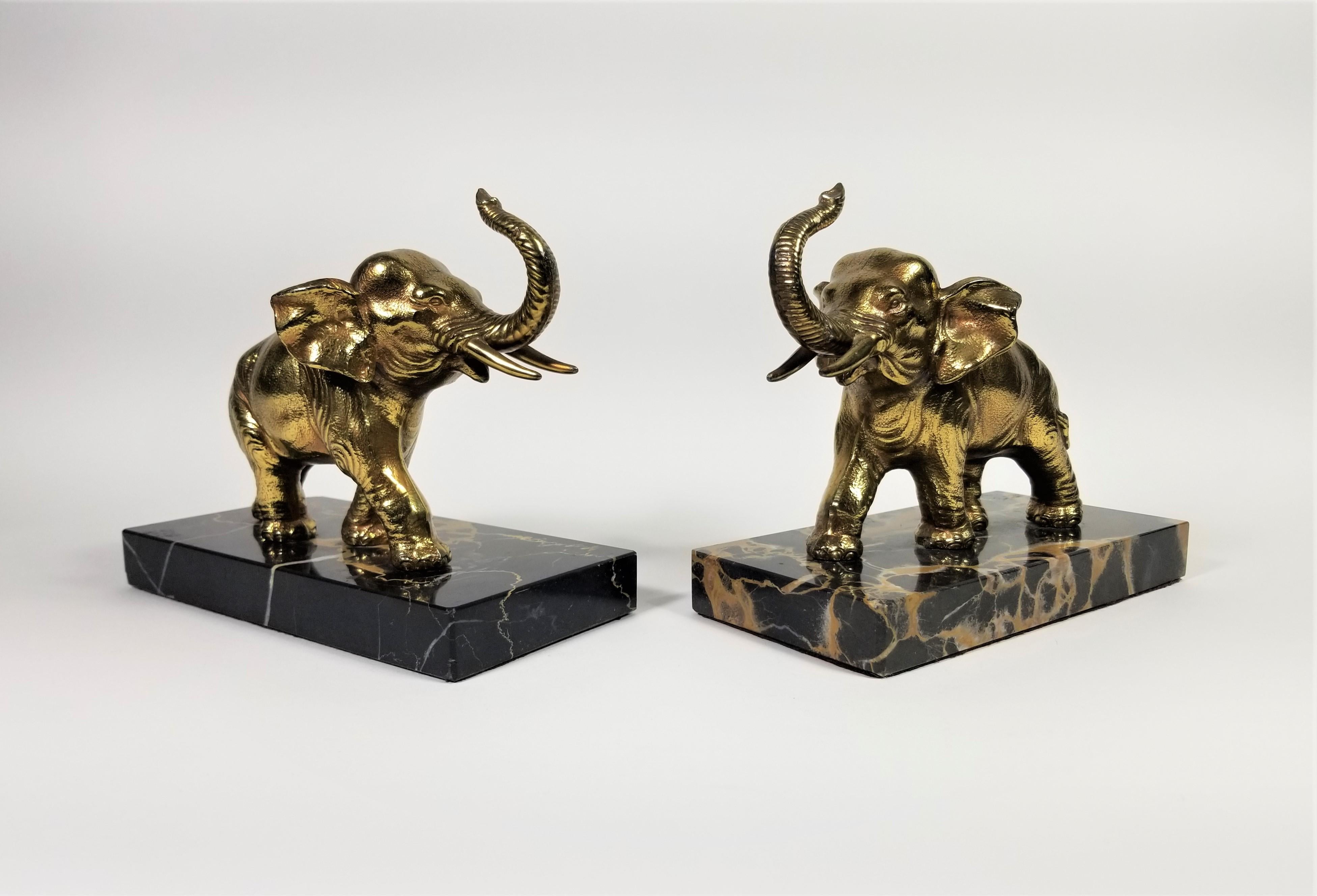 French Art Deco Bookends. Elephant on Marble. Heavy Sturdy Weight.