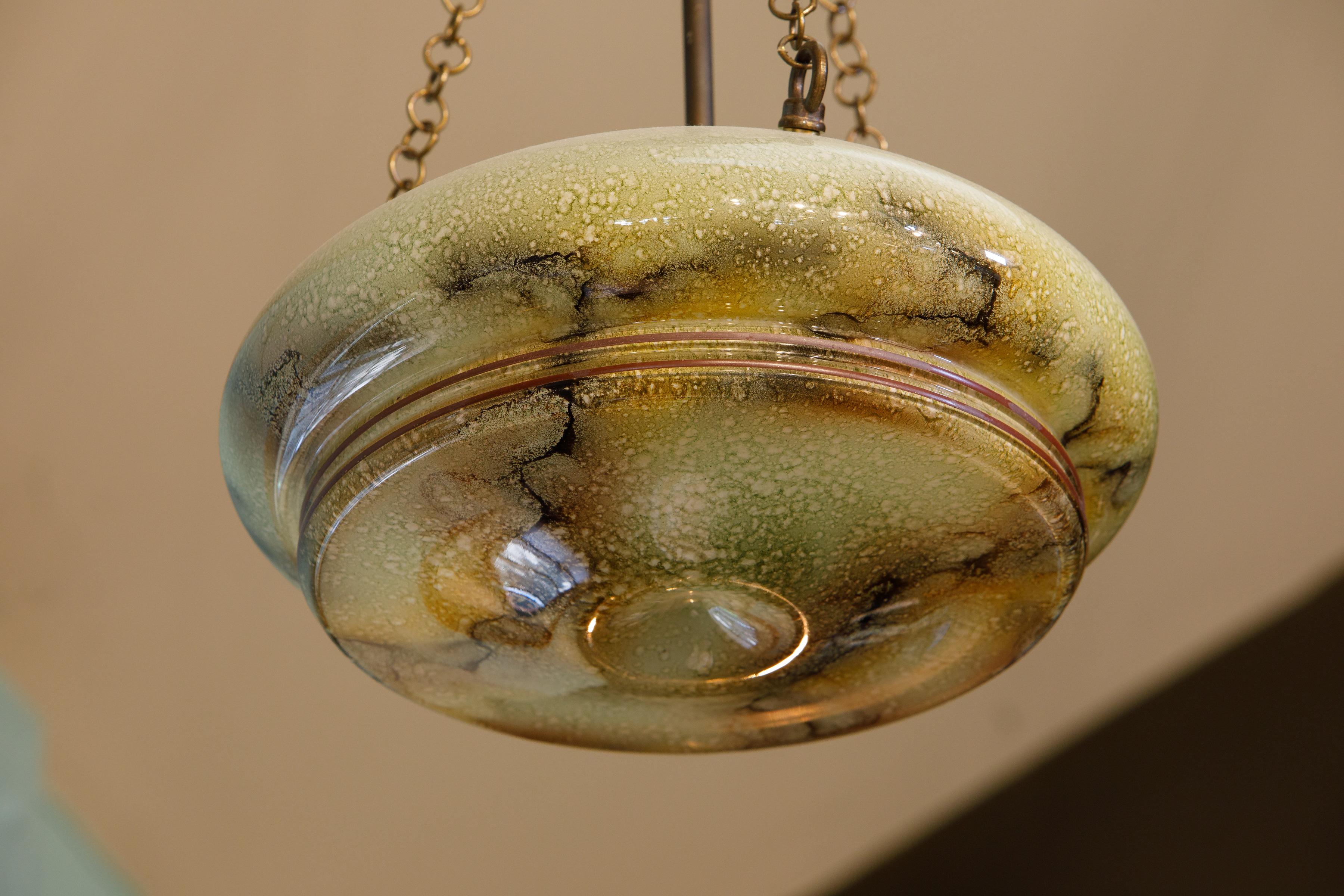Hand-blown marble glass Art Deco hanging pendant from France circa 1930. Newly re-wired for the USA with 3 candelabra/ E12 sockets. Light can be altered by changing chain length to create a more flush-mount style light.
