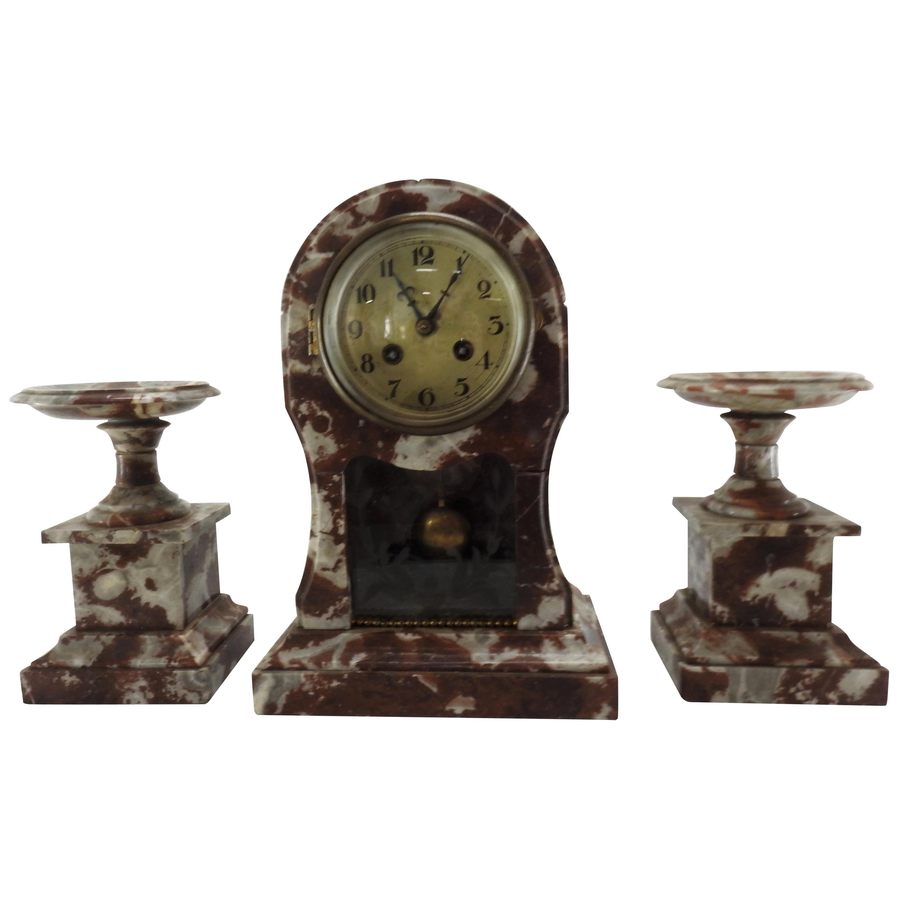 French Art Deco Marble Mantel Clock and Pedestals For Sale