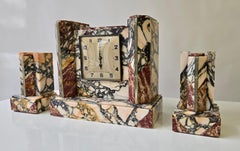 French Art Deco Marble Mantel Clock with Garnitures, UCRA, circa 1930