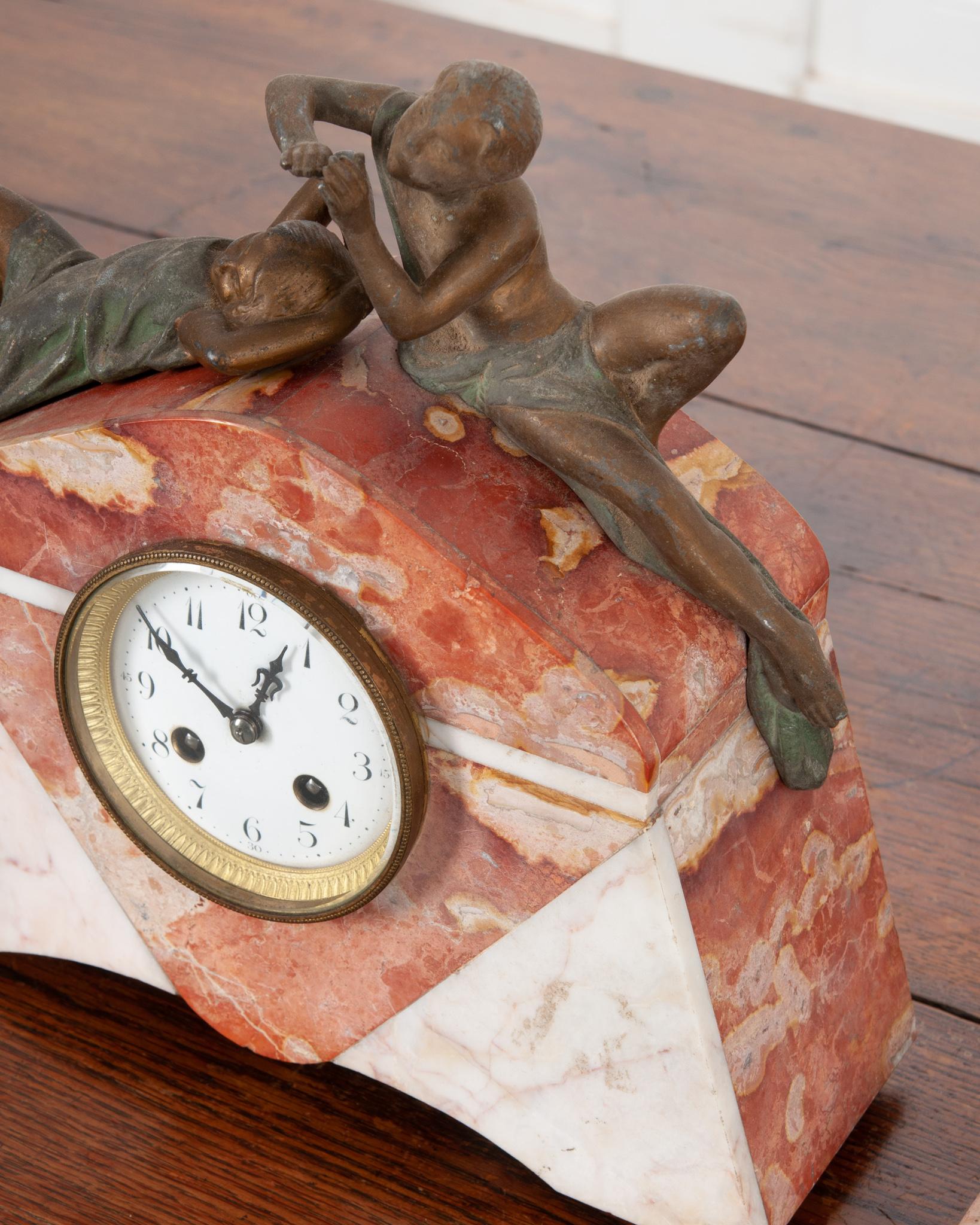 Fired French Art Deco Marble Mantle Clock For Sale
