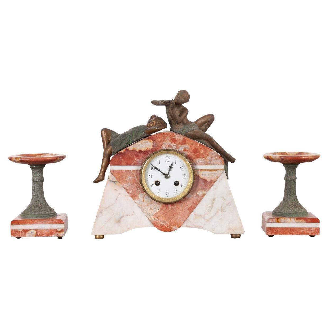 French Art Deco Marble Mantle Clock