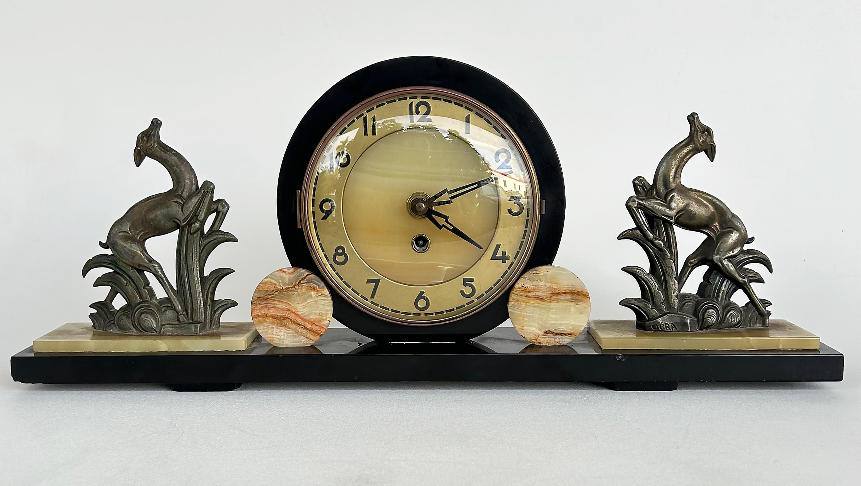 20th Century French Art Deco Marble Onyx Mantel Clock with Gazelles Signed Ucra 1930s For Sale