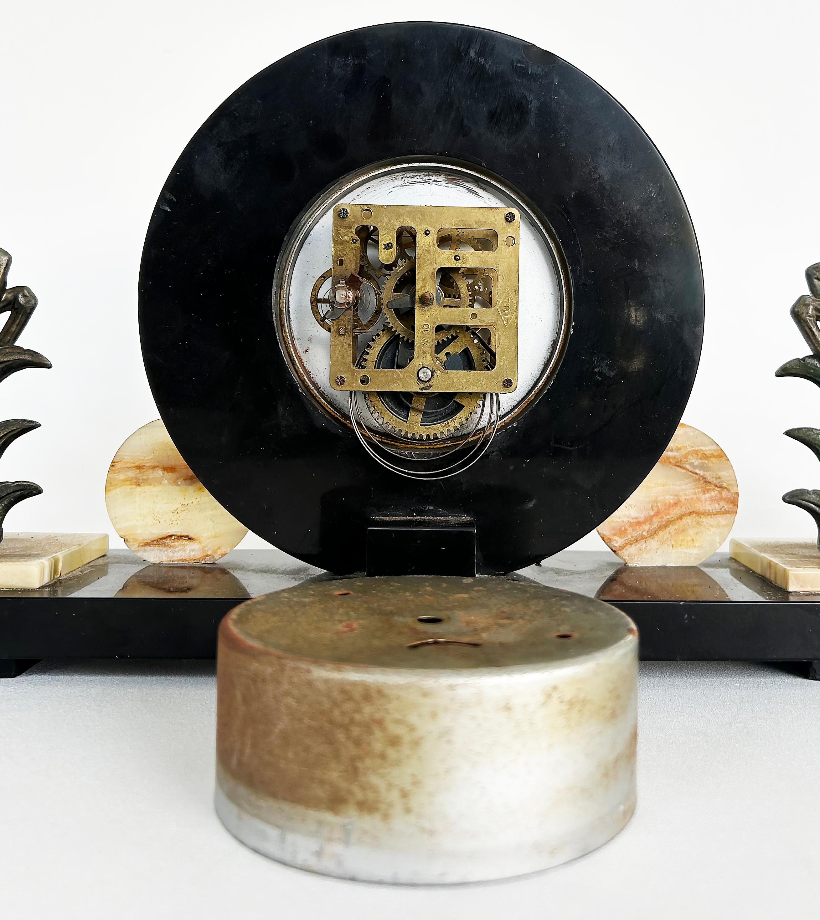French Art Deco Marble Onyx Mantel Clock with Gazelles Signed Ucra 1930s For Sale 5
