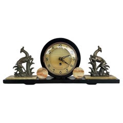 French Art Deco Marble Onyx Mantel Clock with Gazelles Signed Ucra 1930s