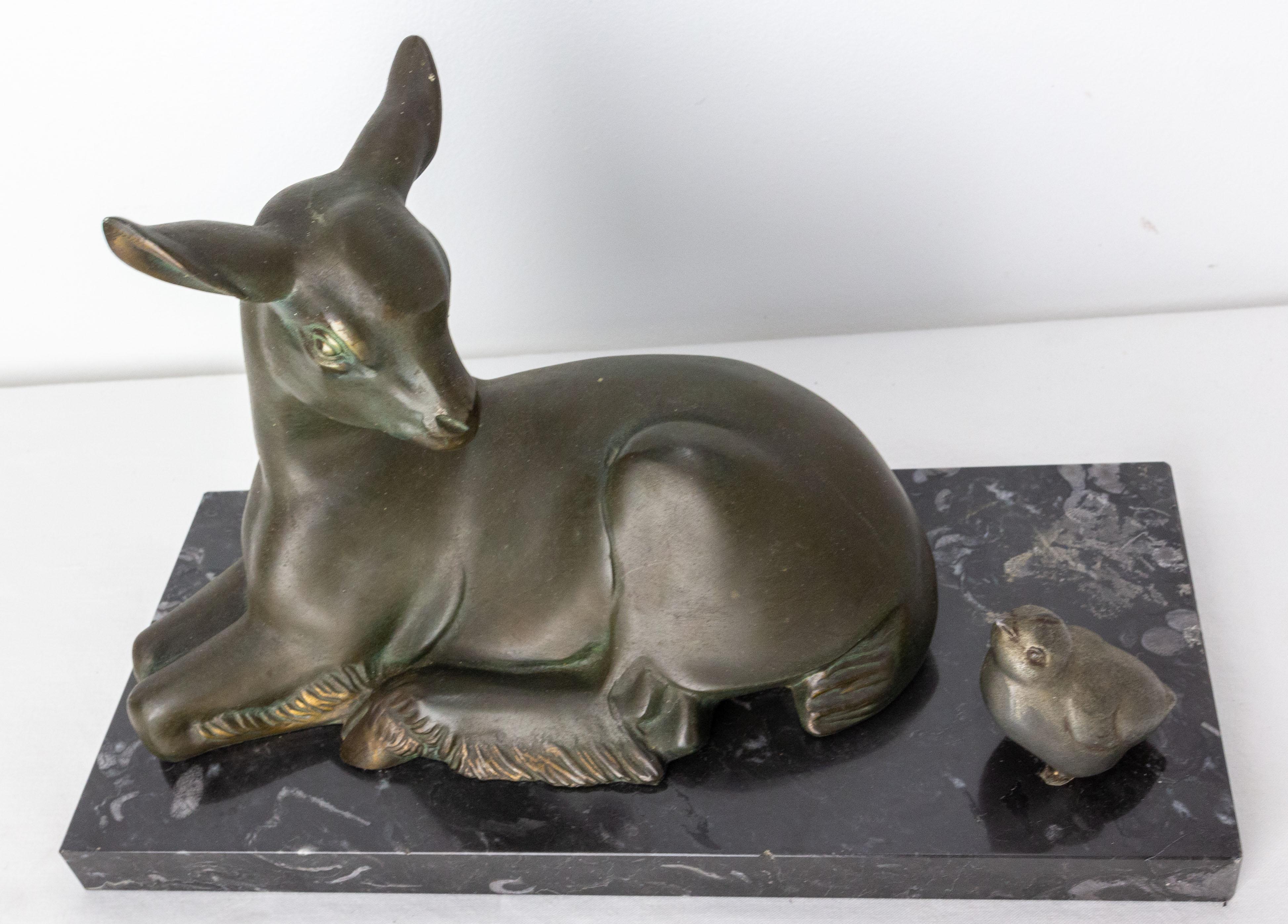Patinated French Art Deco Marble Spelter Fawn and Bird, circa 1930