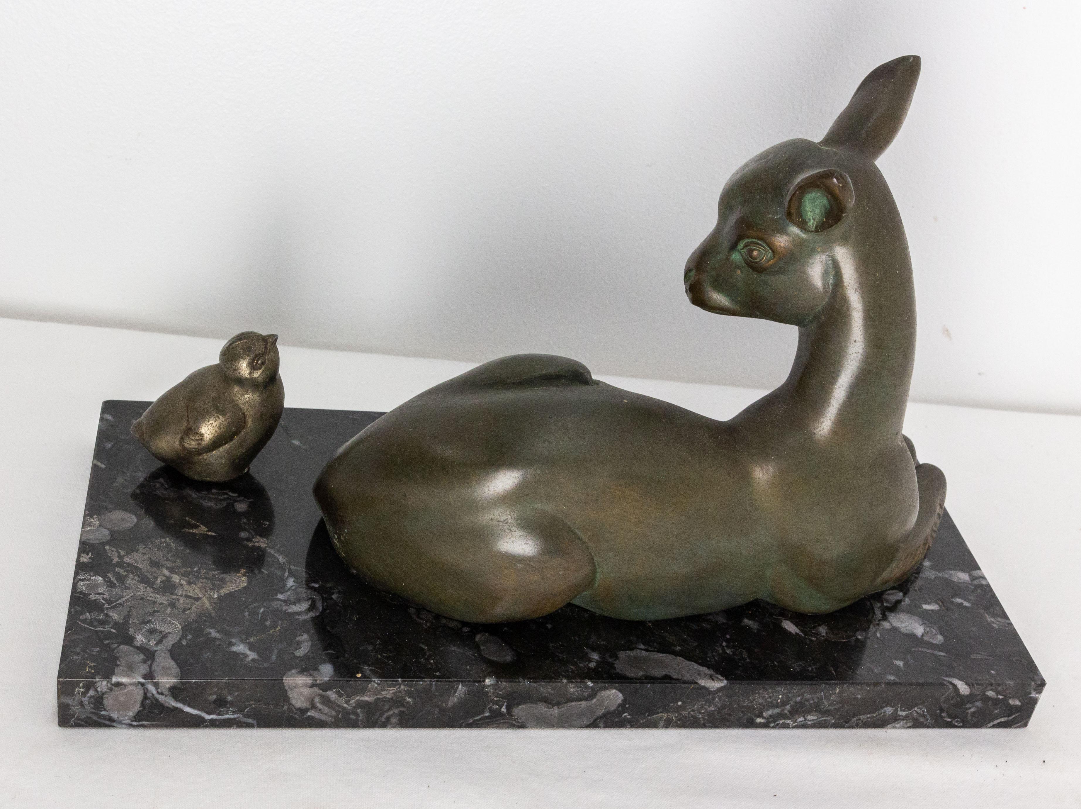 Mid-20th Century French Art Deco Marble Spelter Fawn and Bird, circa 1930