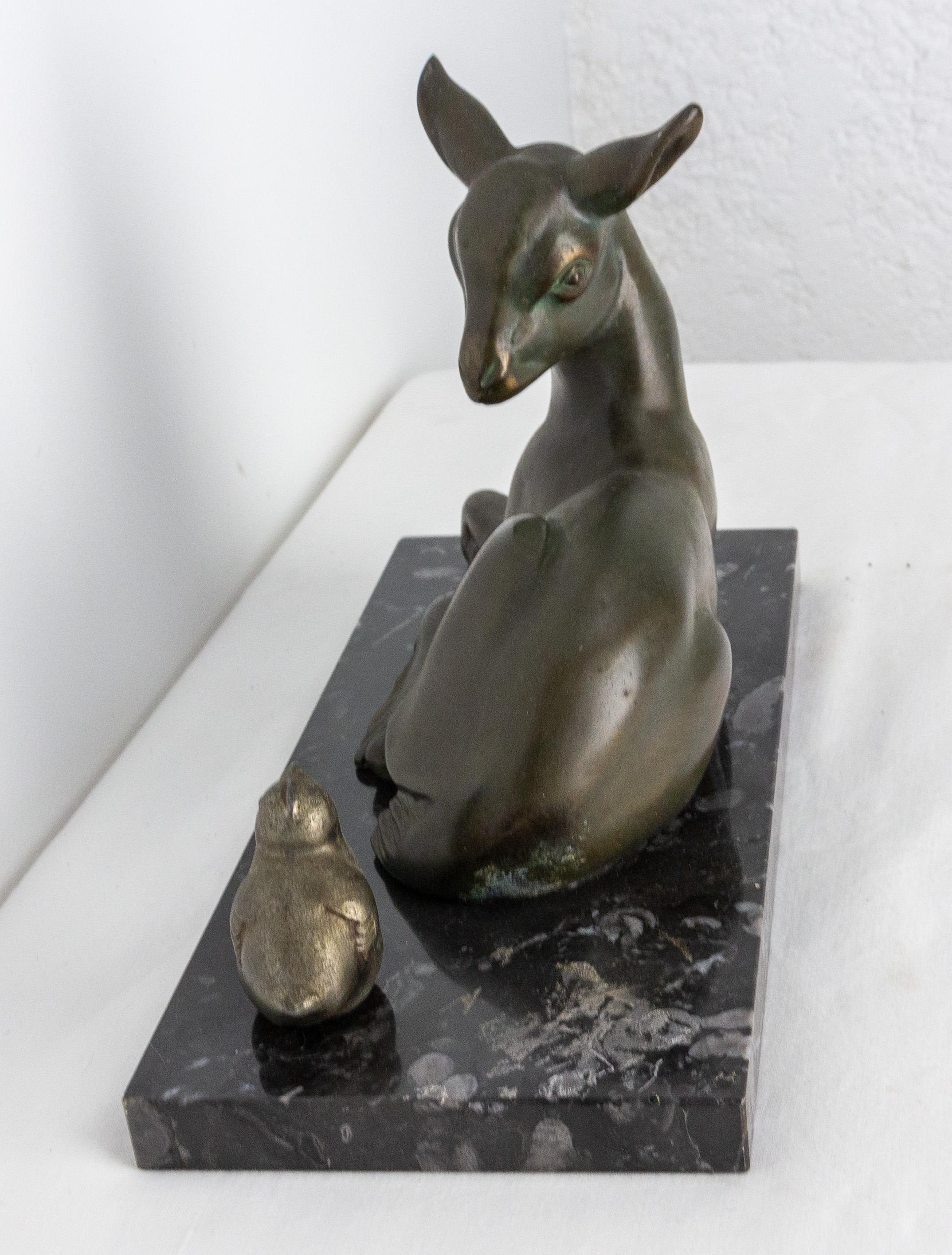 French Art Deco Marble Spelter Fawn and Bird, circa 1930 1