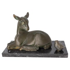 French Art Deco Marble Spelter Fawn and Bird, circa 1930