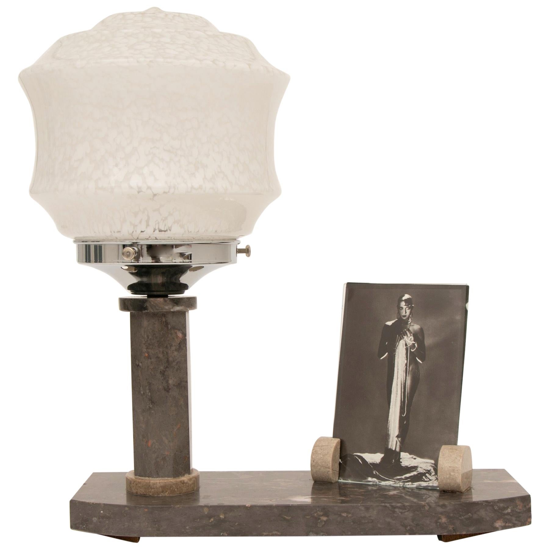 French Art Deco Marble Table Lamp with Photo Frame For Sale