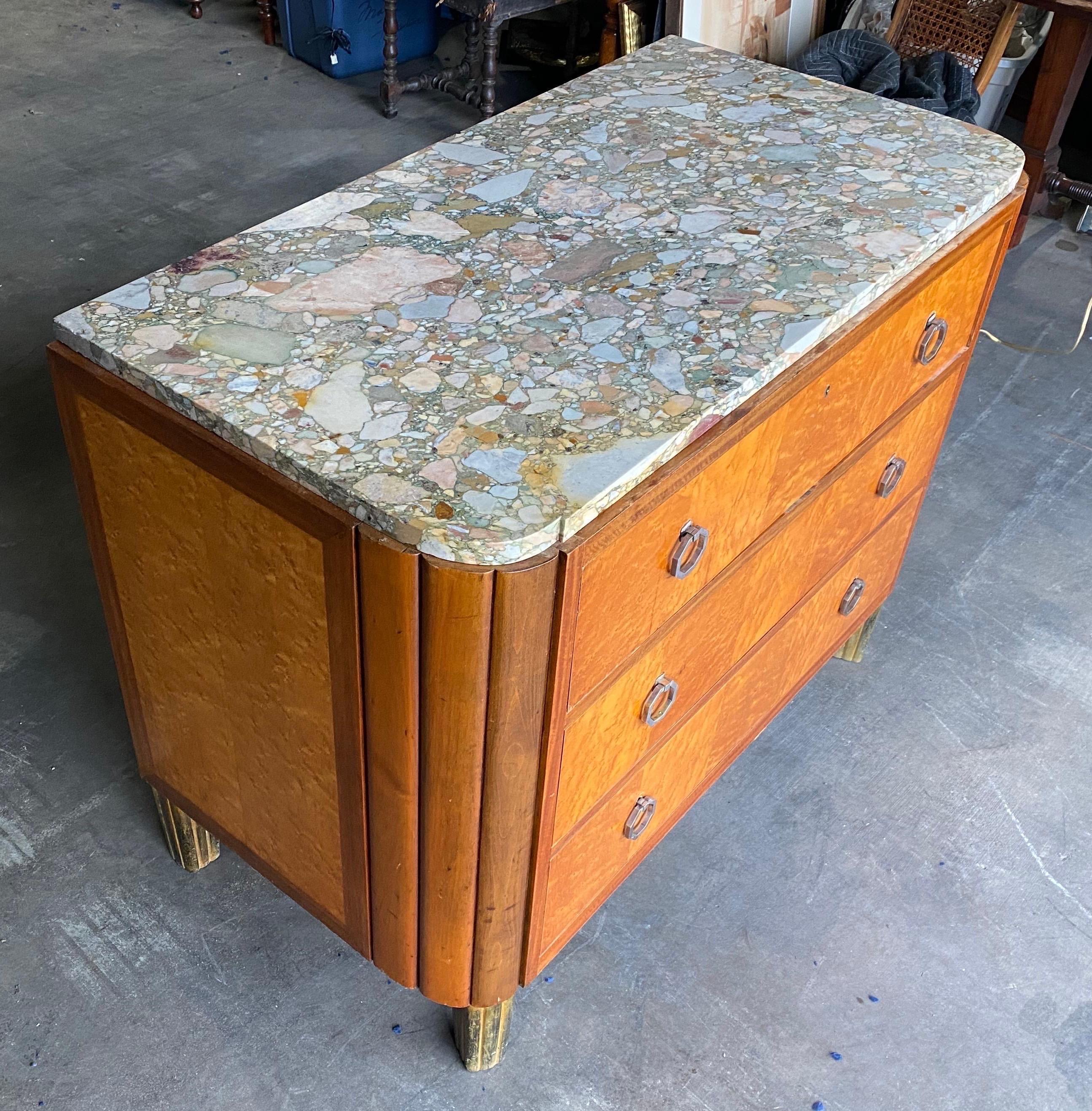 French Art Deco Marble Top 3 Drawer Chest In Good Condition In Charleston, SC