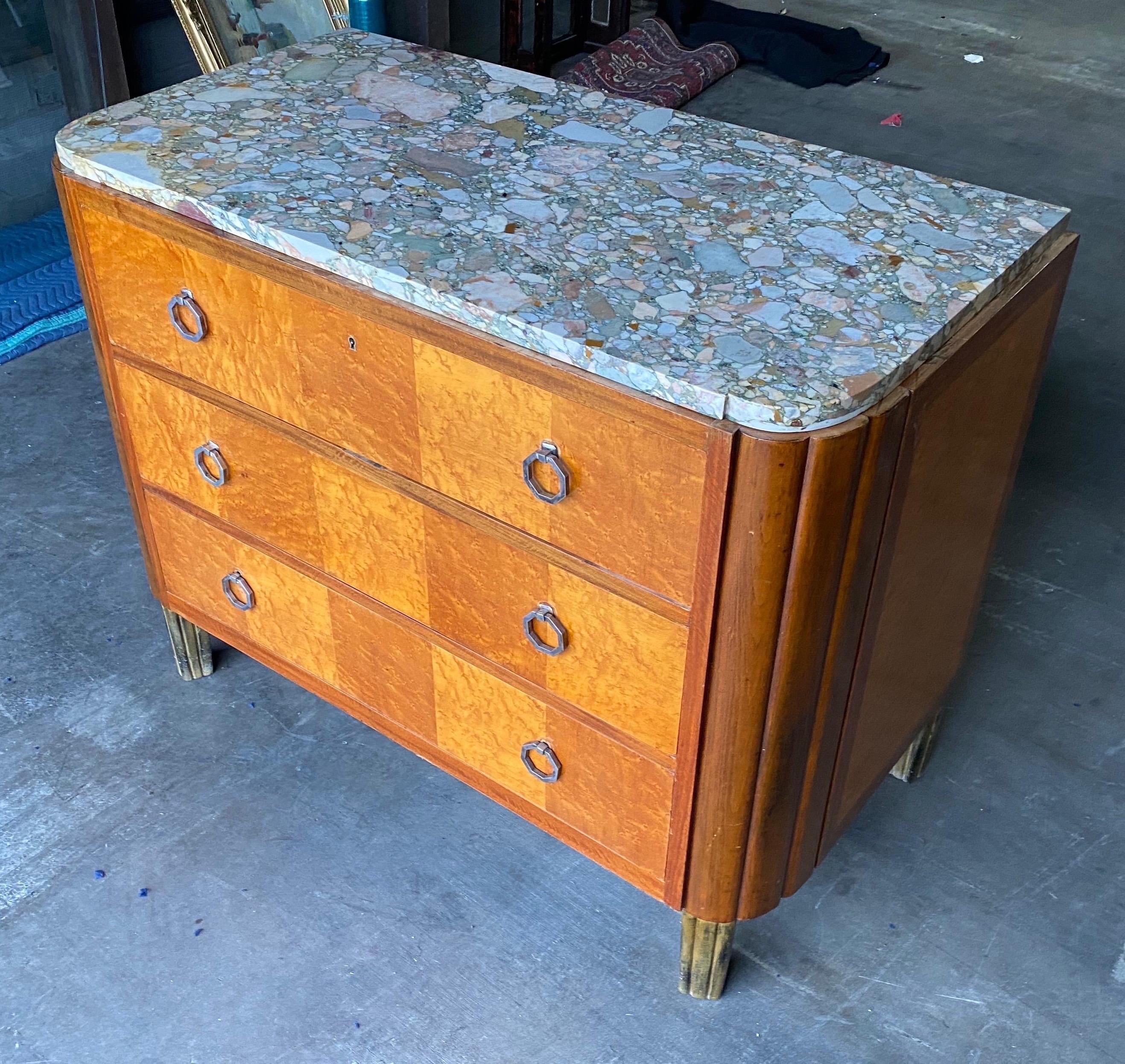 20th Century French Art Deco Marble Top 3 Drawer Chest