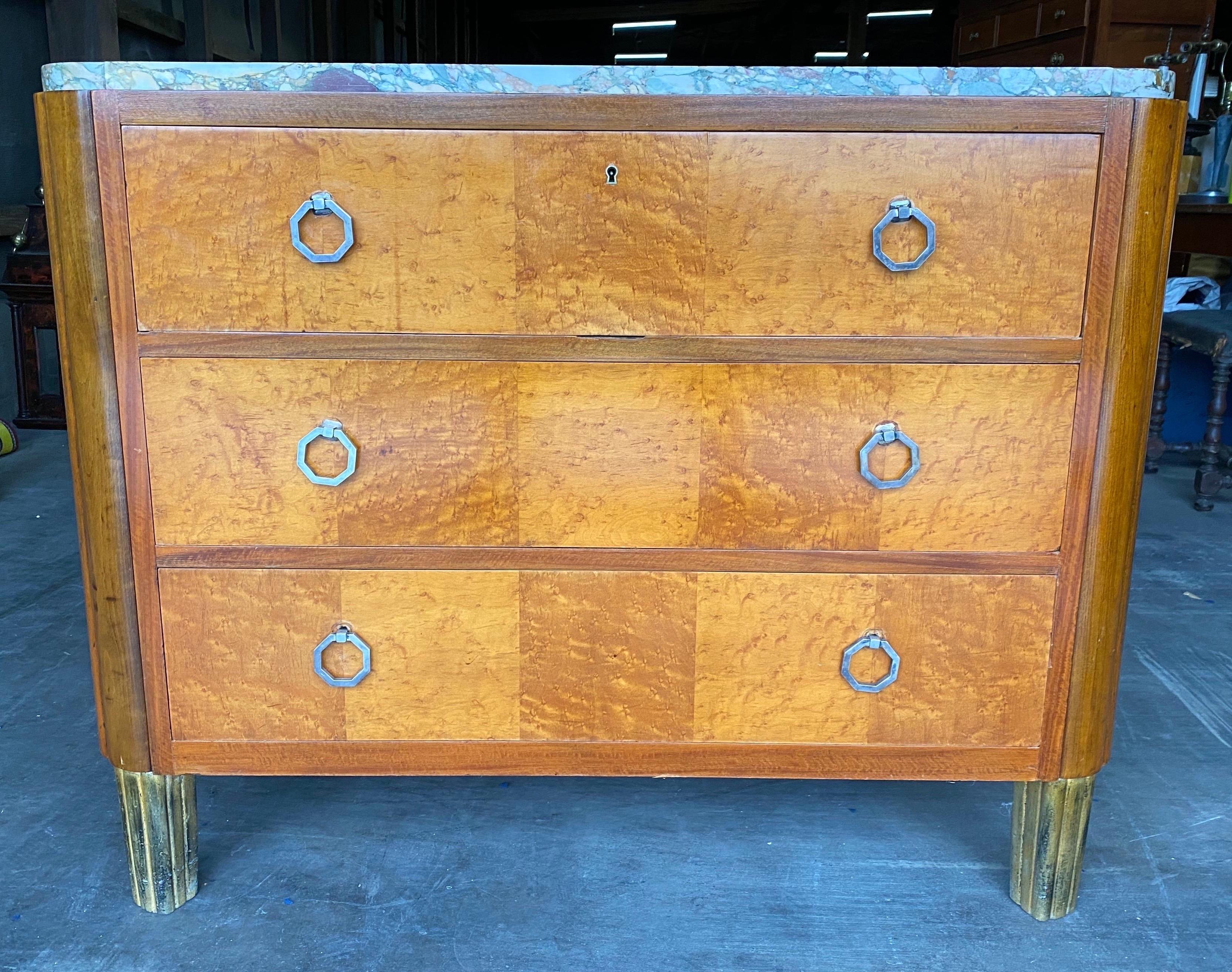 Brass French Art Deco Marble Top 3 Drawer Chest