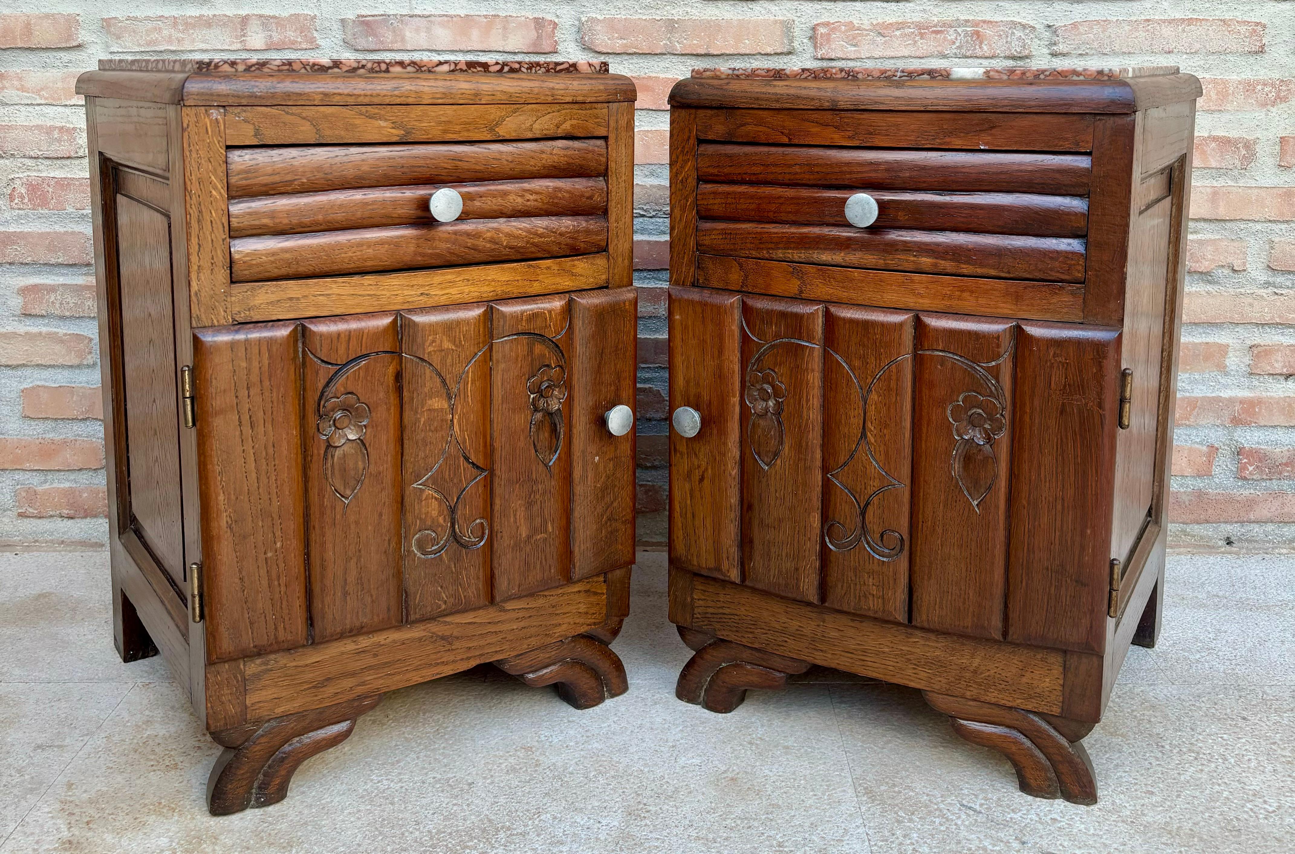 French Provincial French Art Deco Marble Top Nightstands or Bedside Cabinets in Walnut, 1930, Set For Sale