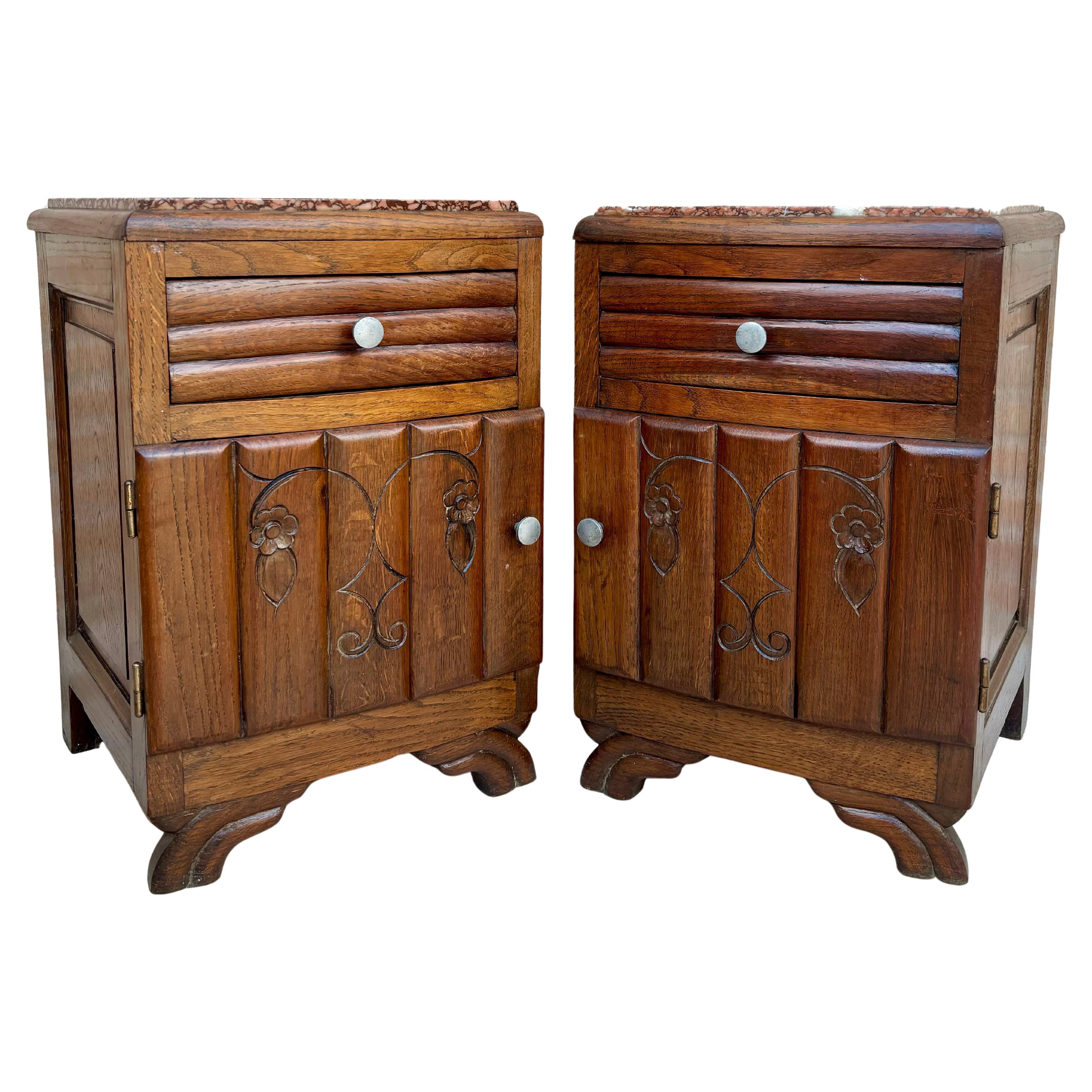 French Art Deco Marble Top Nightstands or Bedside Cabinets in Walnut, 1930, Set