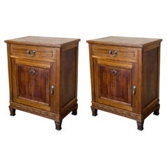 French Art Deco Marble Top Nightstands or Bedside Cabinets in Walnut, 1930, Set