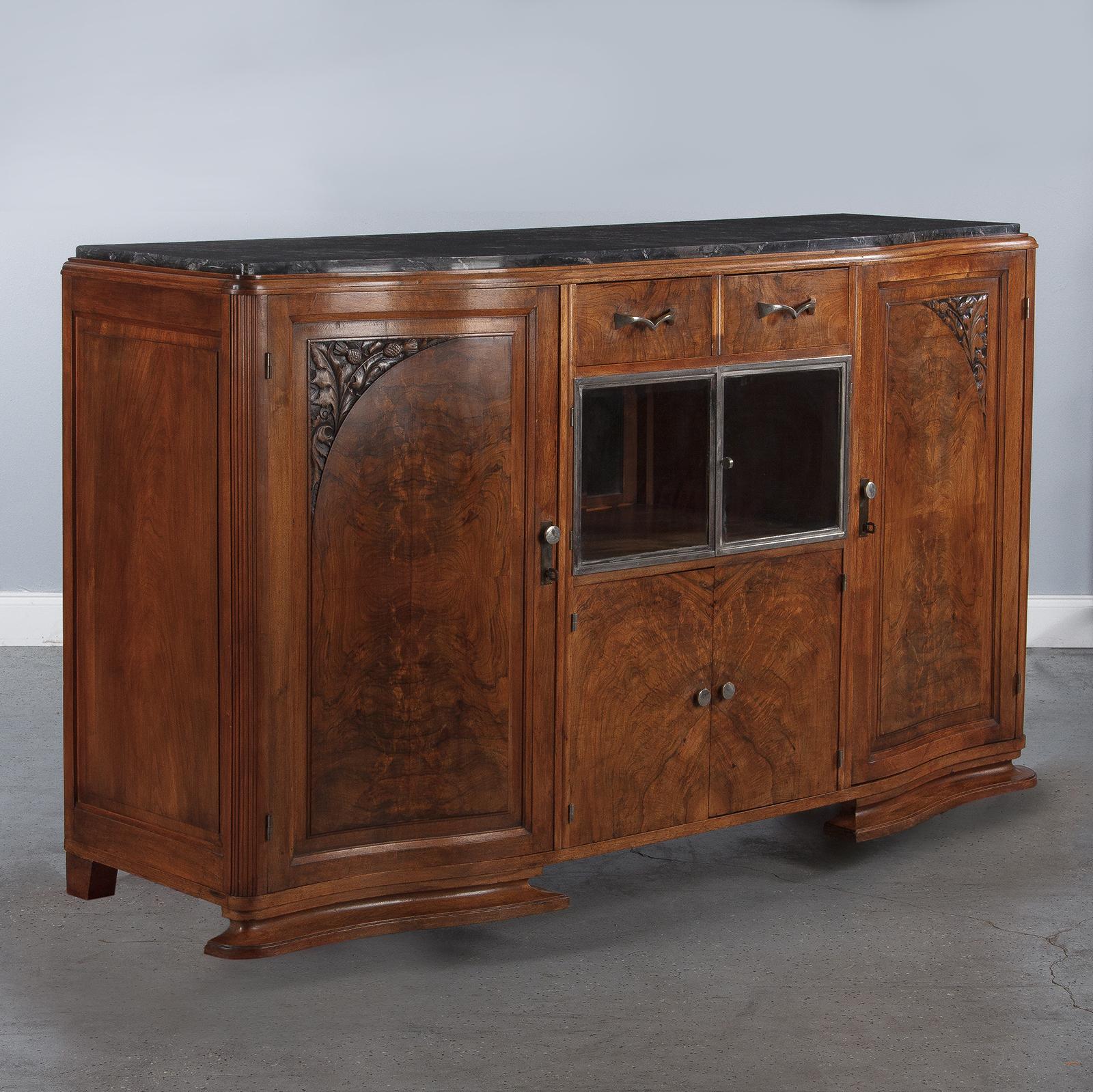 French Art Deco Marble-Top Walnut Buffet/Credenza, 1930s In Good Condition In Austin, TX