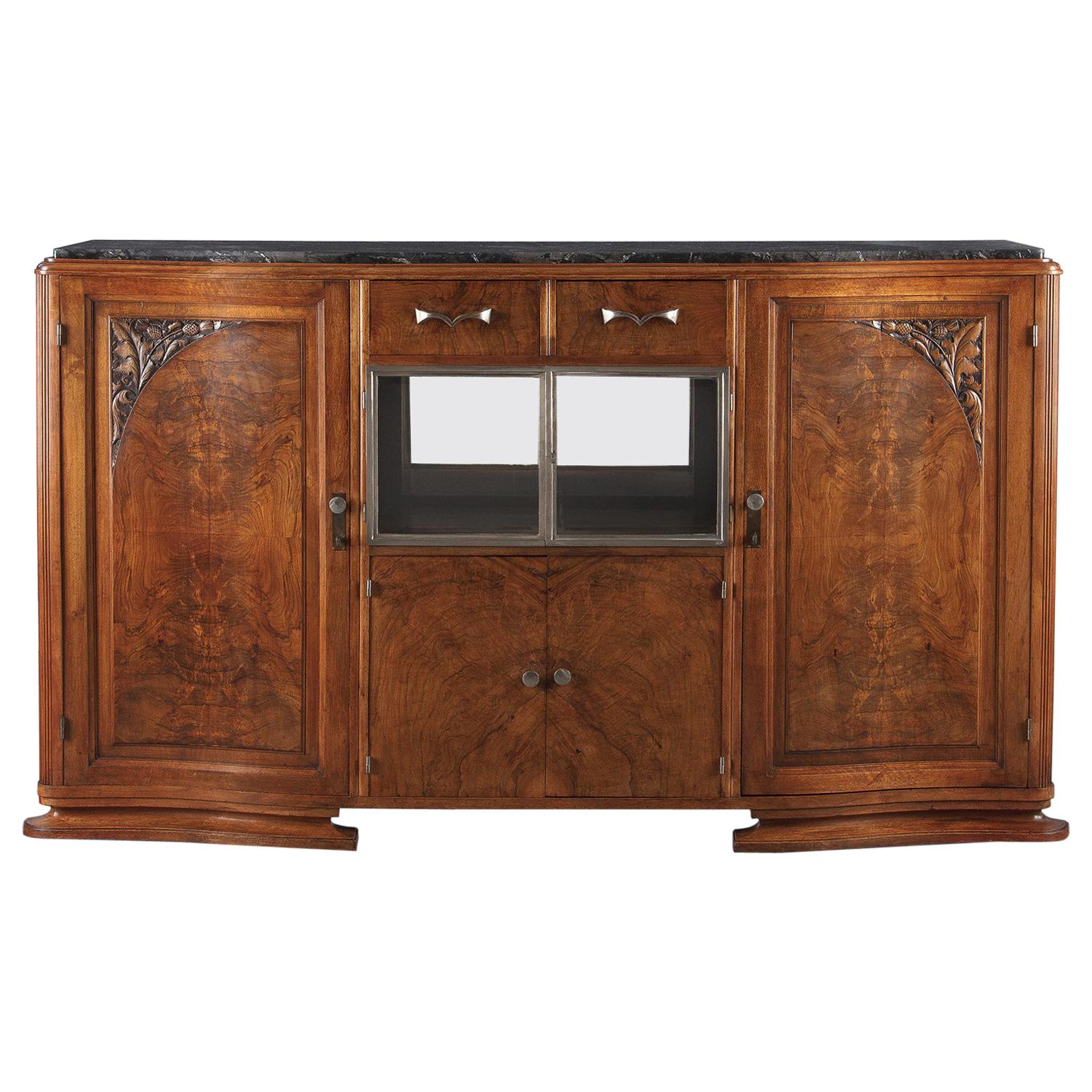 French Art Deco Marble-Top Walnut Buffet/Credenza, 1930s