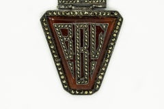 French Art Deco Marcasite Lapel Pin Initial Brooch with Carnelian Glass