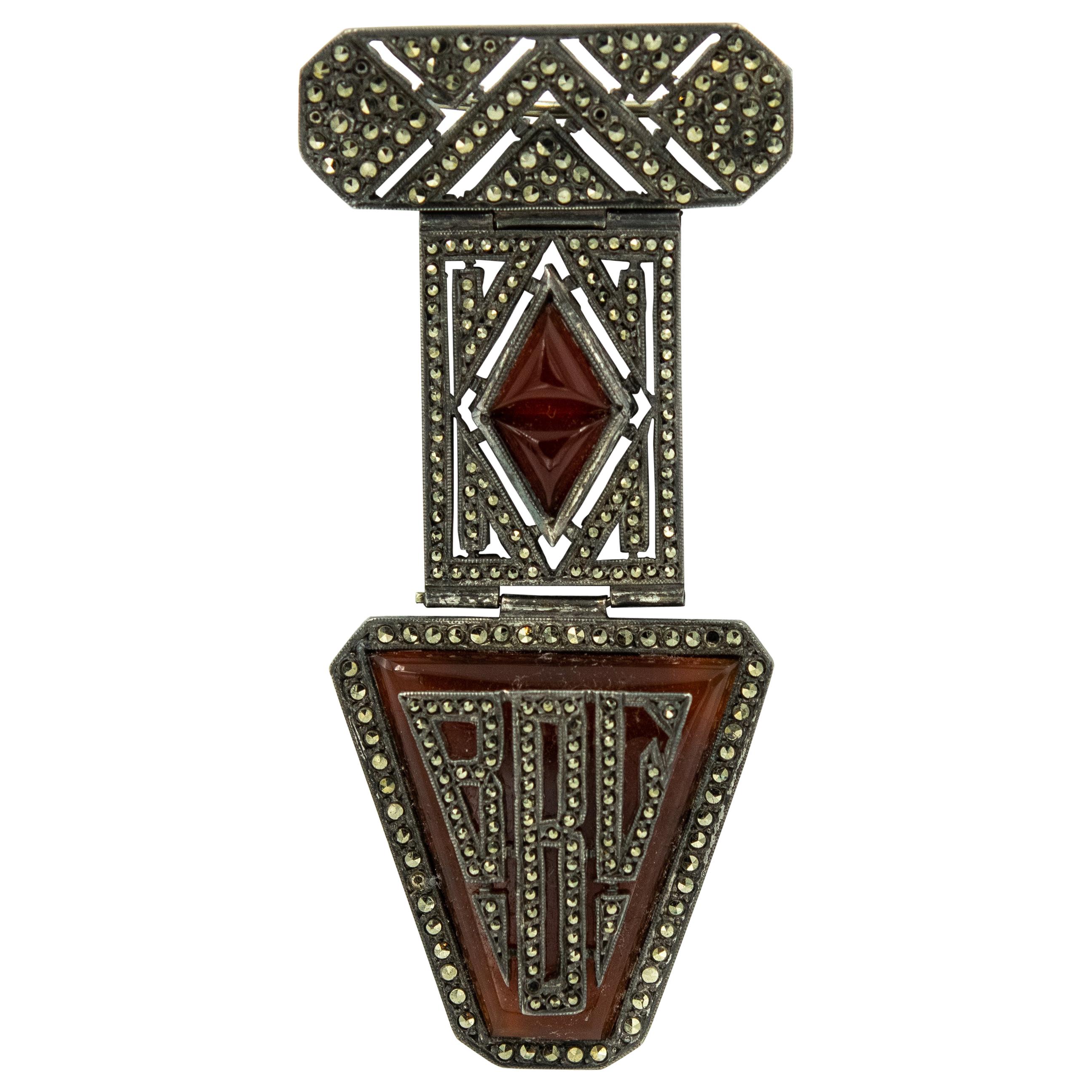 French Art Deco Marcasite Lapel Pin Initial Brooch with Carnelian Glass 