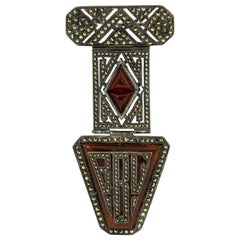 Antique French Art Deco Marcasite Lapel Pin Initial Brooch with Carnelian Glass 