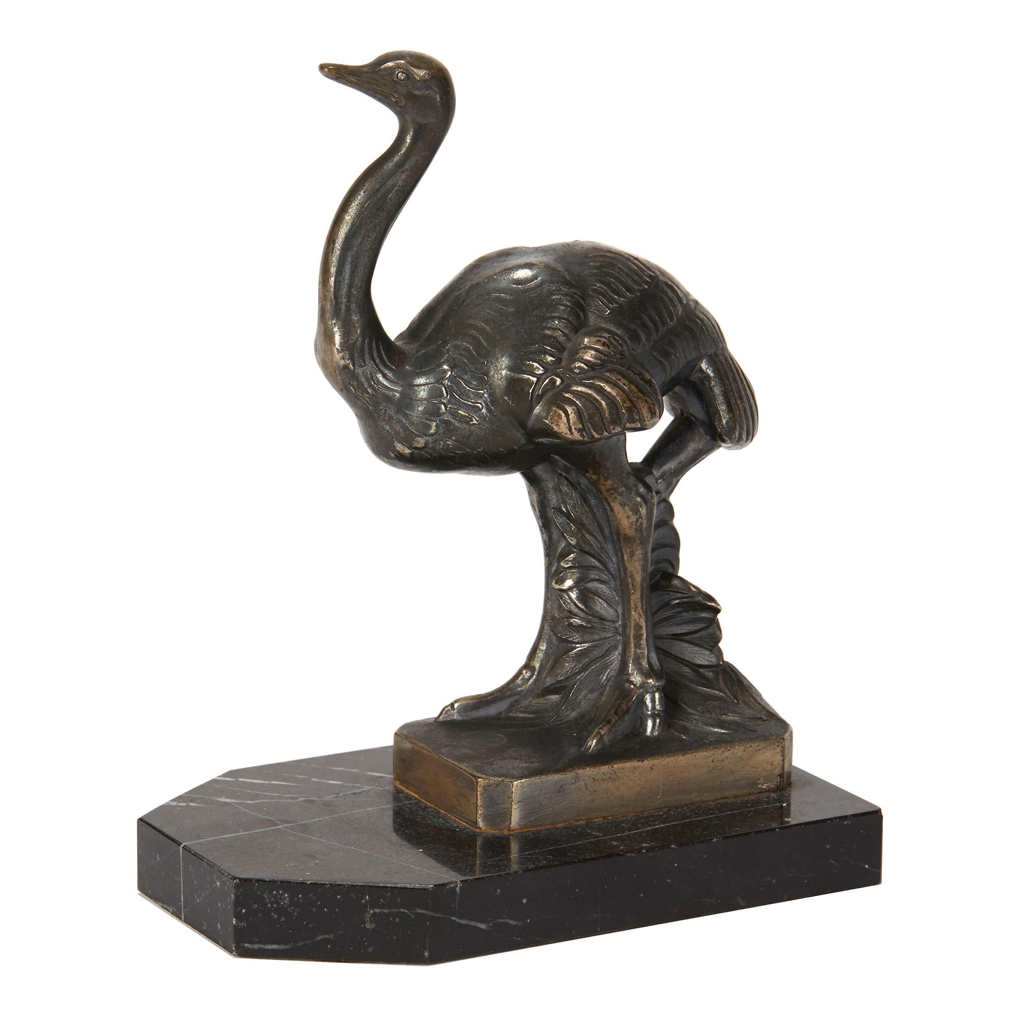 Marble French Art Deco Maurice Frécourt Ostrich Bookends, circa 1925