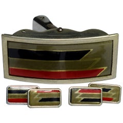 French Art Deco Men’s Enamel Cufflinks with Matching Buckle