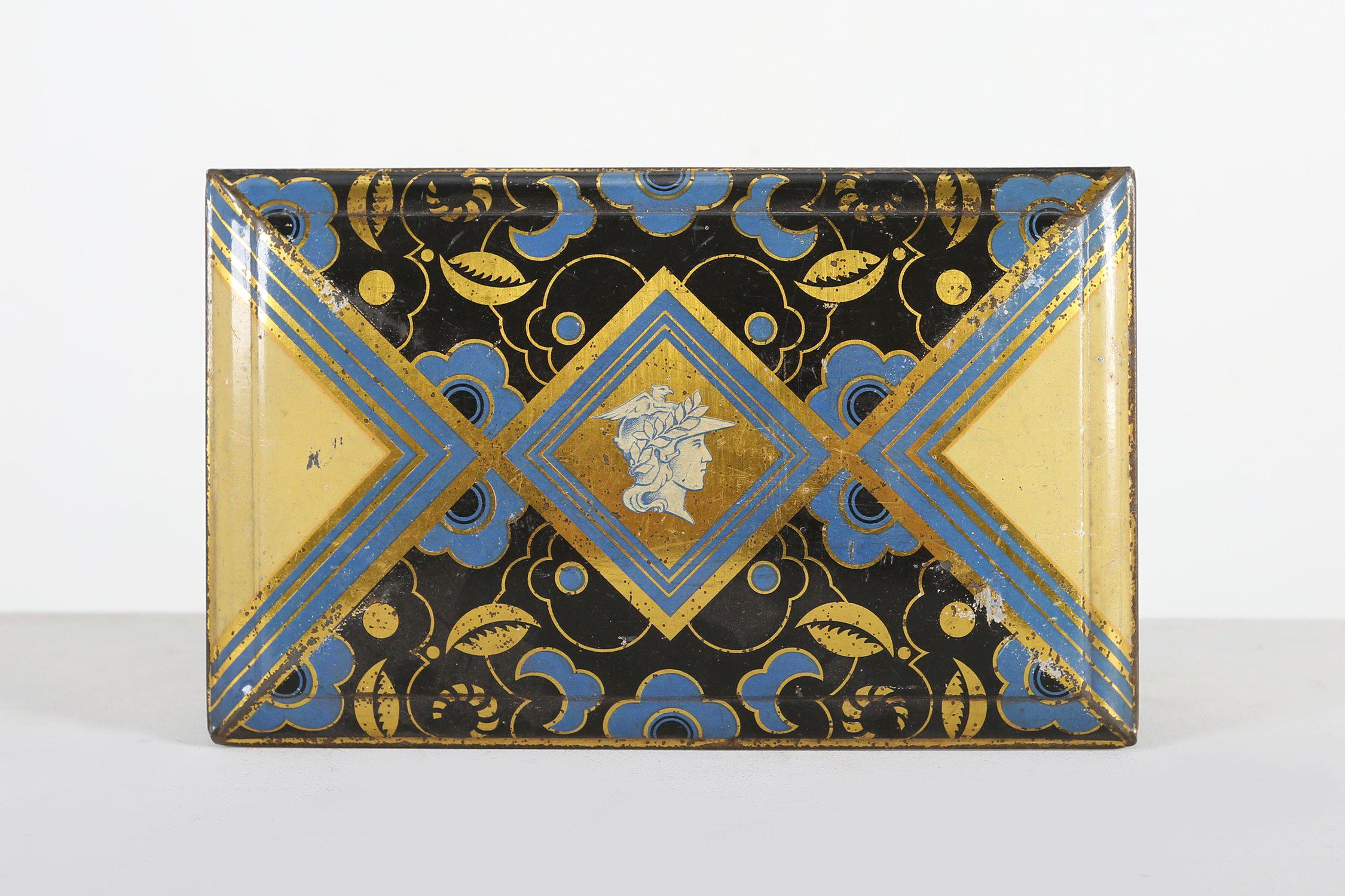 Französische Art-Déco-Metalldose mit Merkurdekor, 1930er Jahre im Zustand „Gut“ im Angebot in Meulebeke, BE