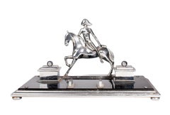 French Art Déco Metal Desk Tidy with Woman Horseriding and a pair of Inkwells