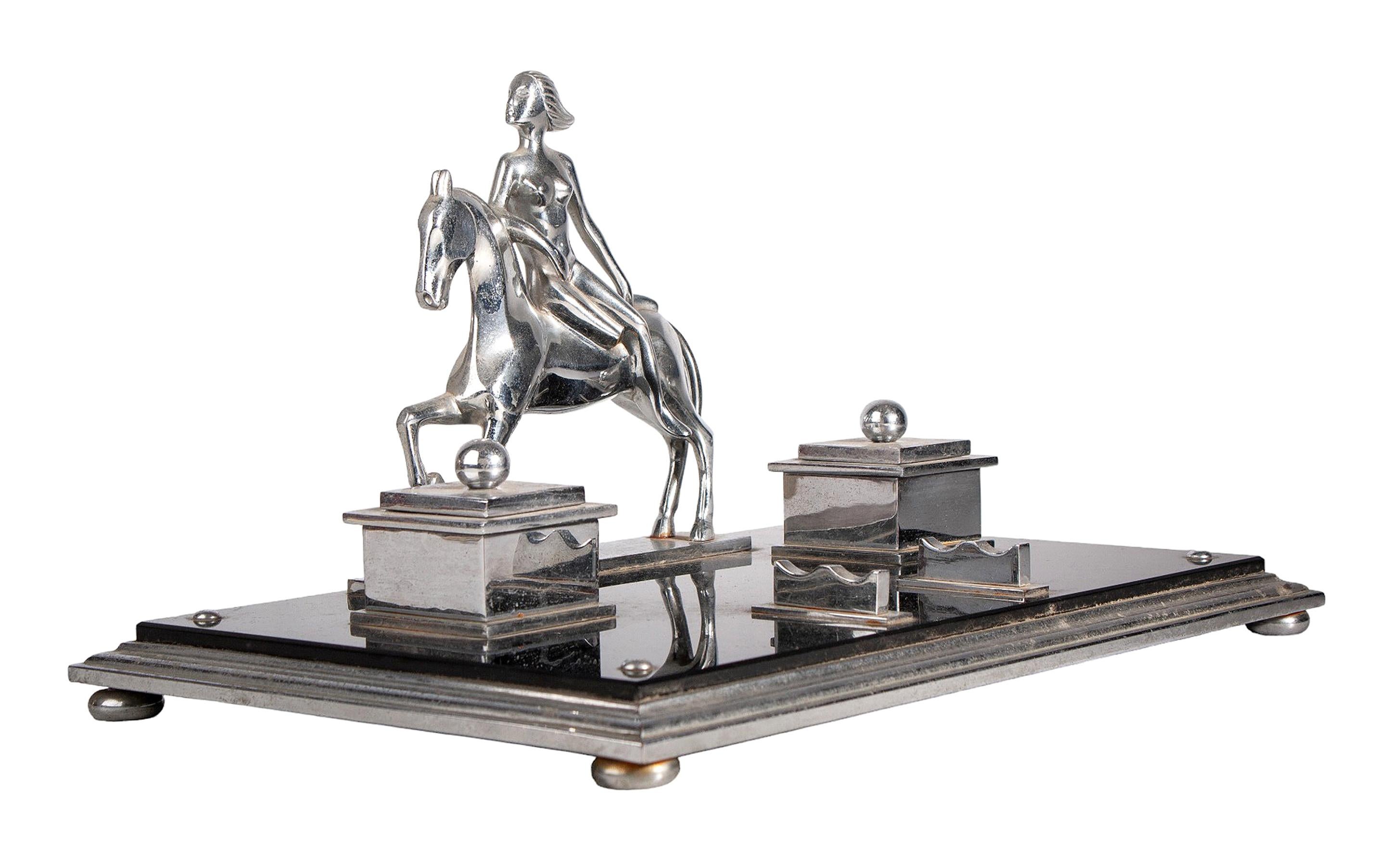 Art Deco French Art Déco Metal Desk Tidy with Woman Horseriding and a pair of Inkwells For Sale