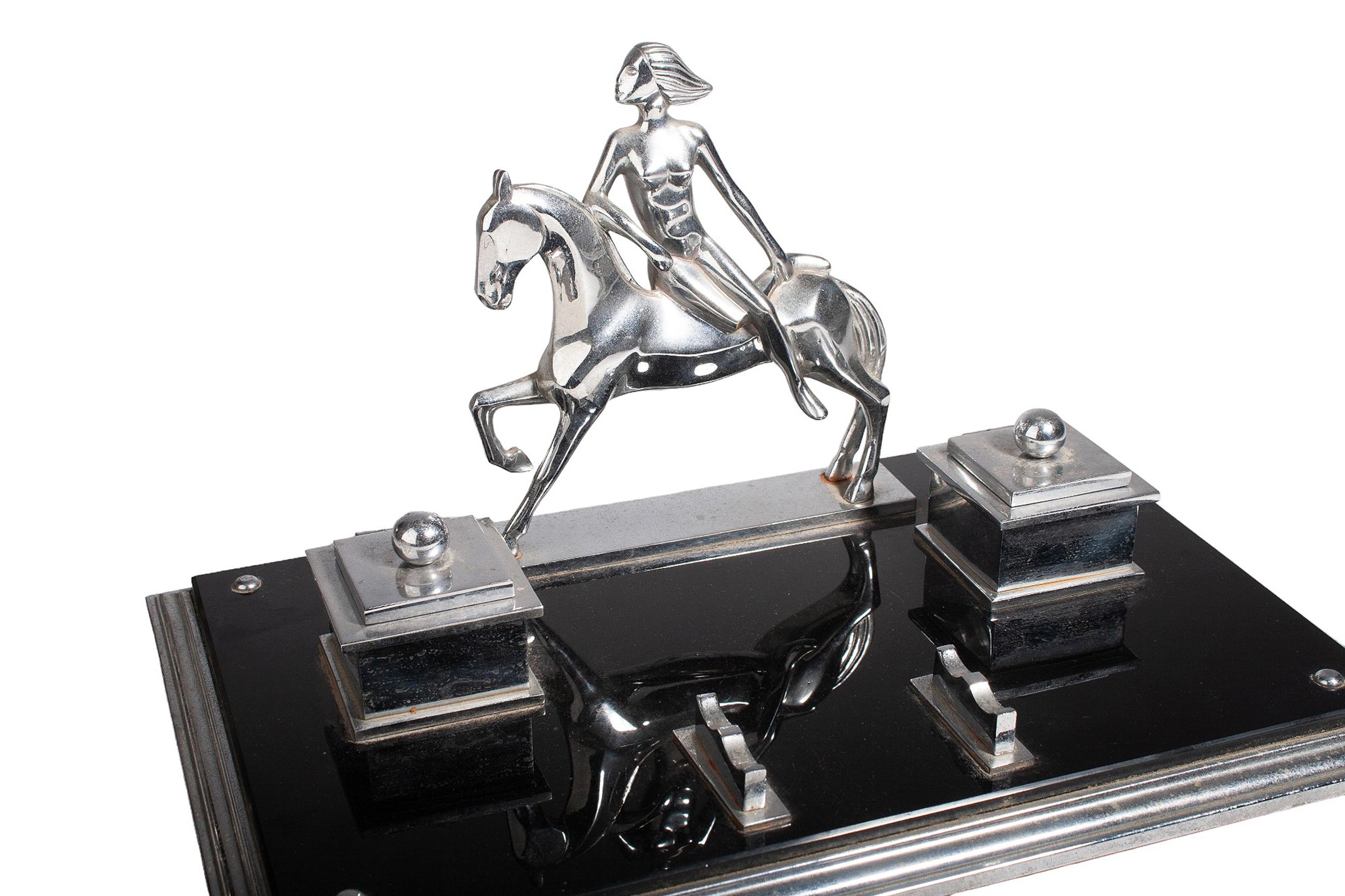 Cast French Art Déco Metal Desk Tidy with Woman Horseriding and a pair of Inkwells For Sale