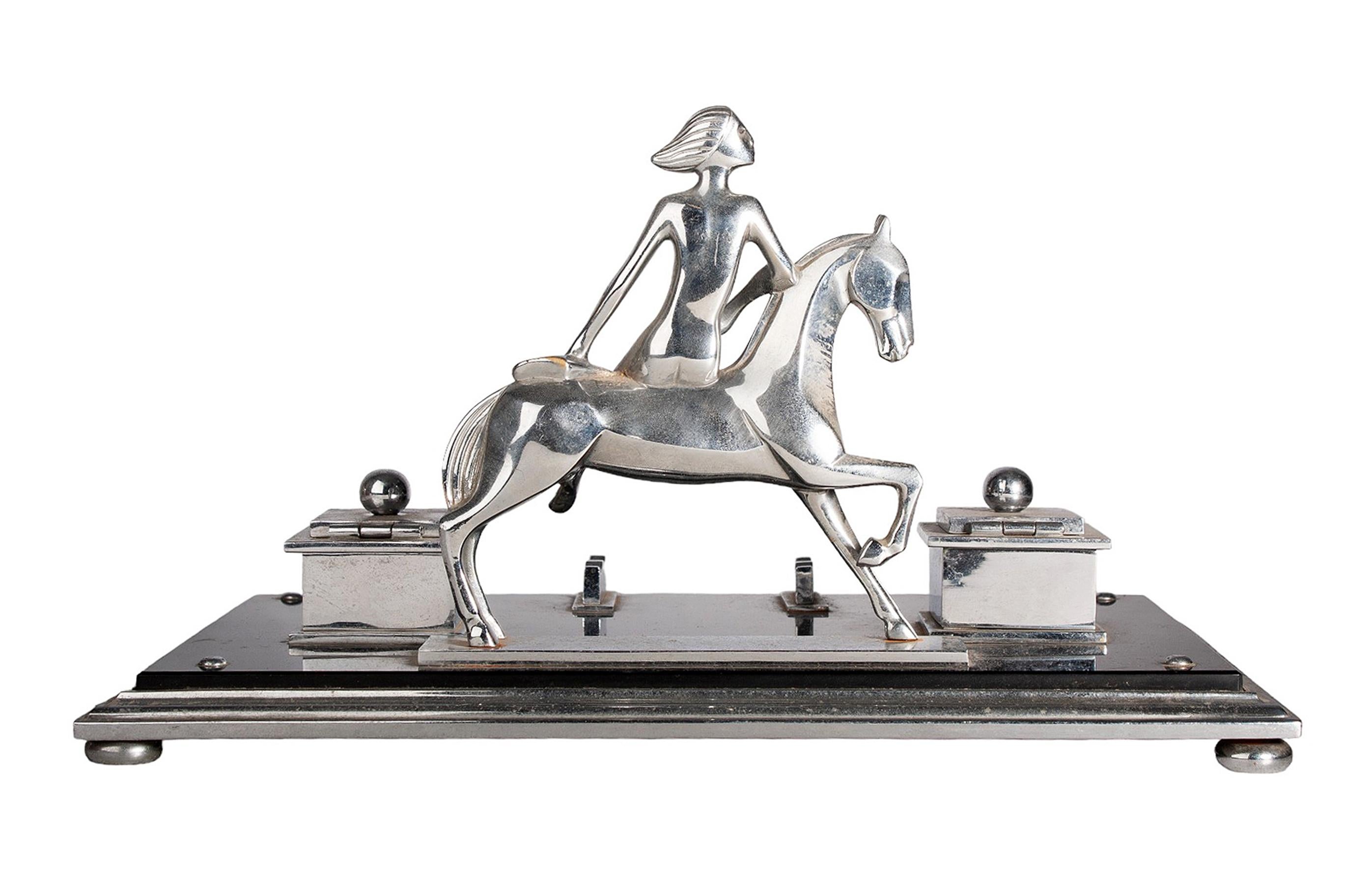 20th Century French Art Déco Metal Desk Tidy with Woman Horseriding and a pair of Inkwells For Sale