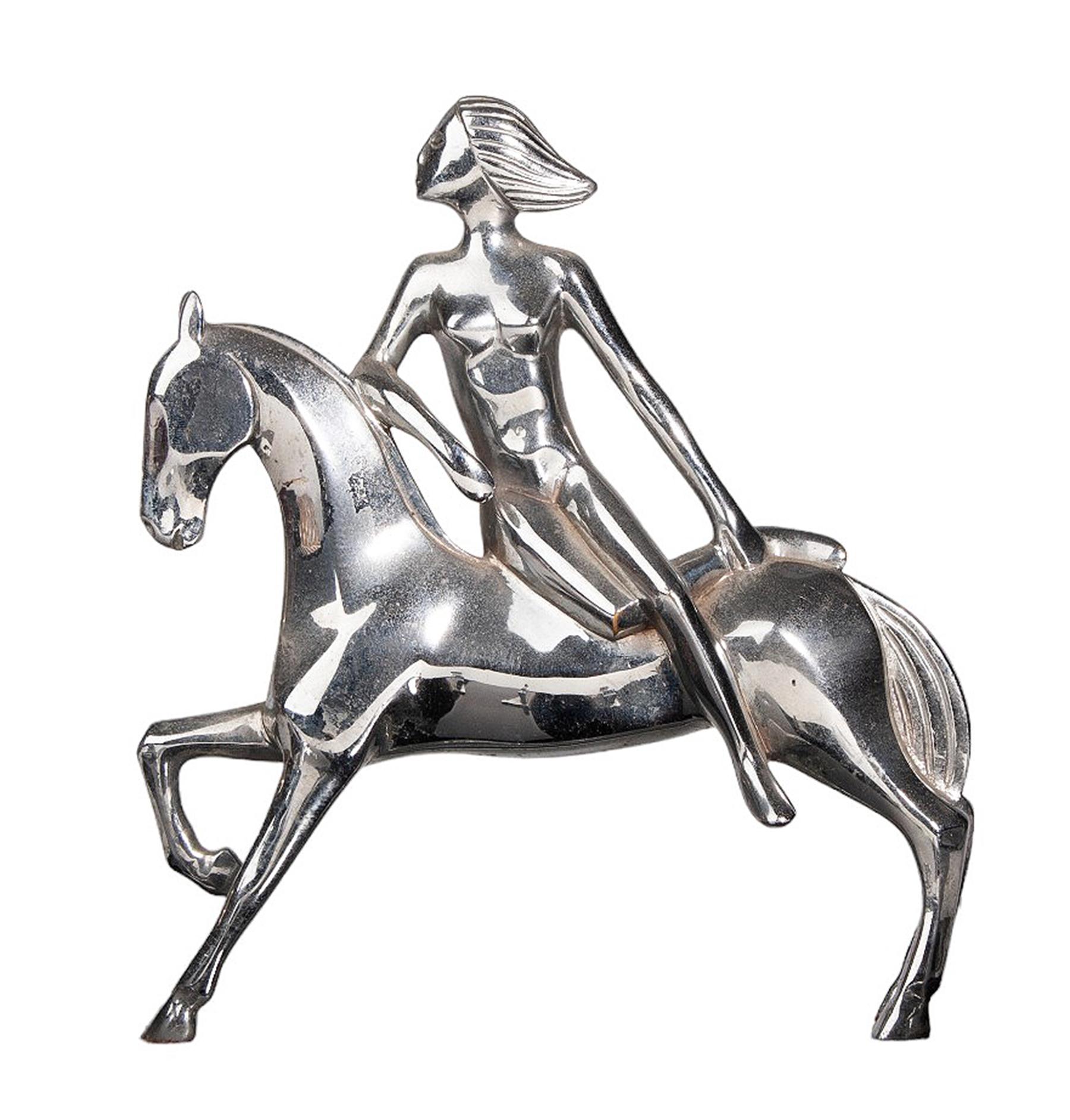 French Art Déco Metal Desk Tidy with Woman Horseriding and a pair of Inkwells For Sale 2