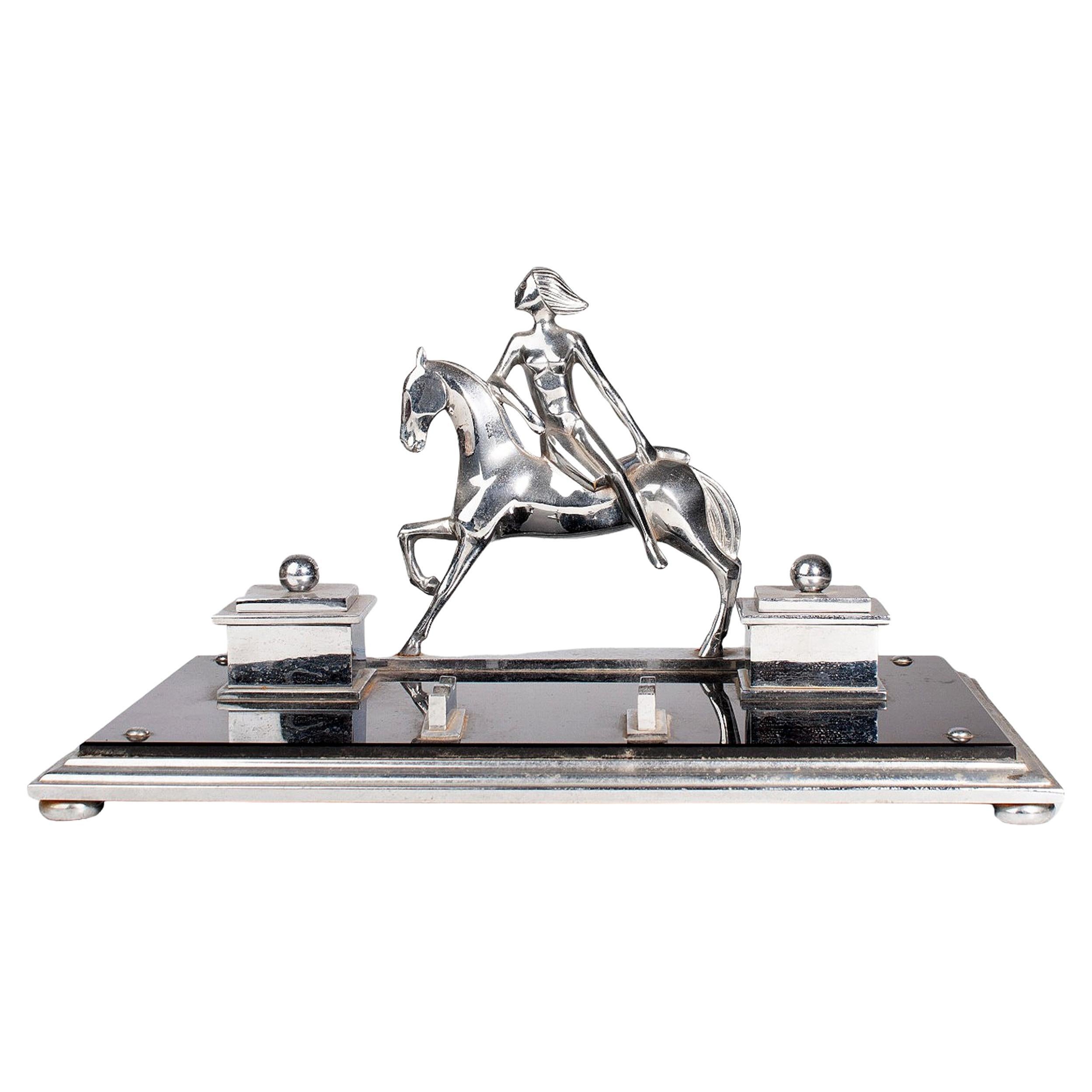 French Art Déco Metal Desk Tidy with Woman Horseriding and a pair of Inkwells For Sale