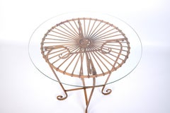 French Art Deco Metalwork Round Glass Top Small Coffee Side Table Indoor/Outdoor