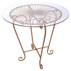 French Art Deco Metalwork Round Glass Top Small Coffee Side Table Indoor/Outdoor